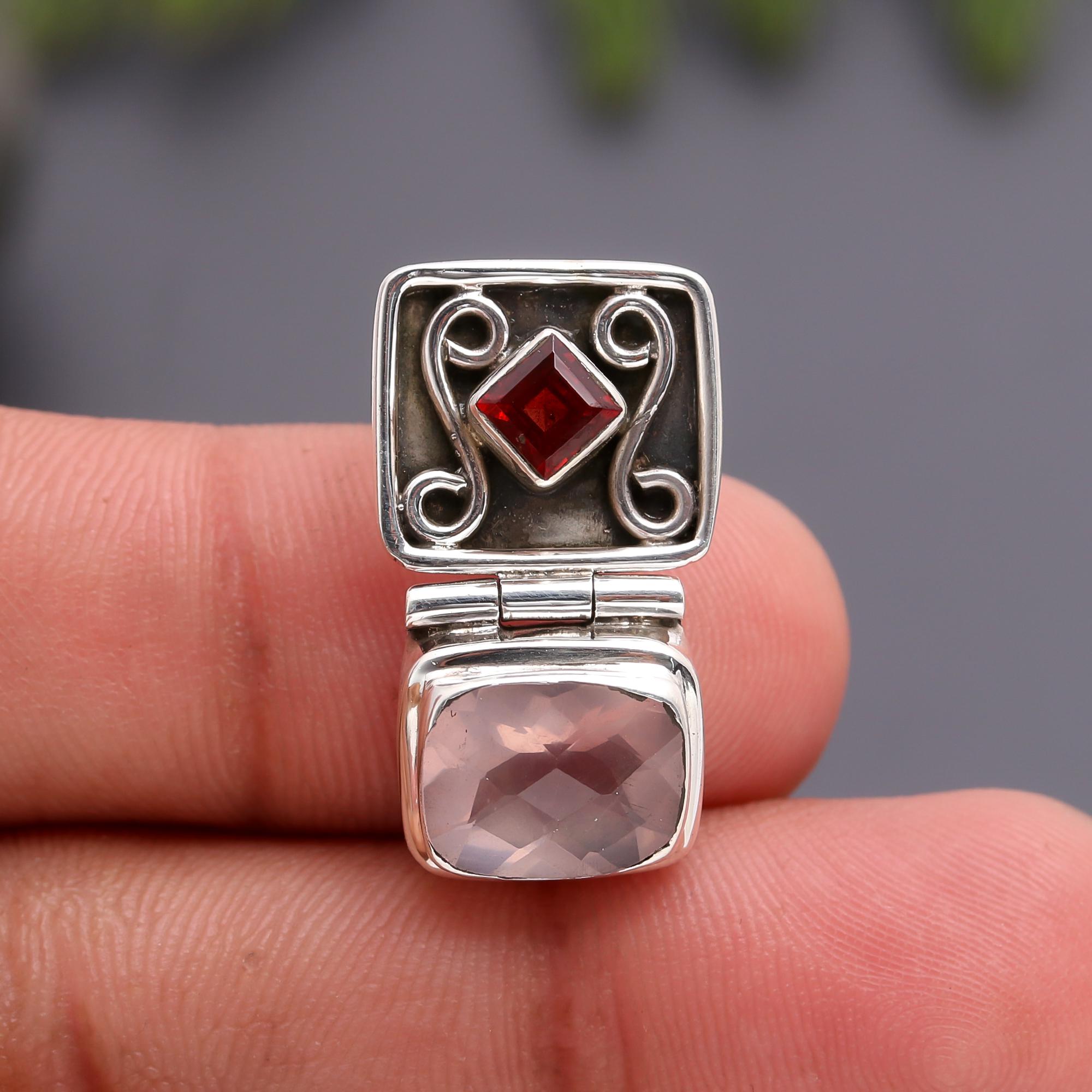 925 Silver Rose Quartz and Garnet Locket Pendant