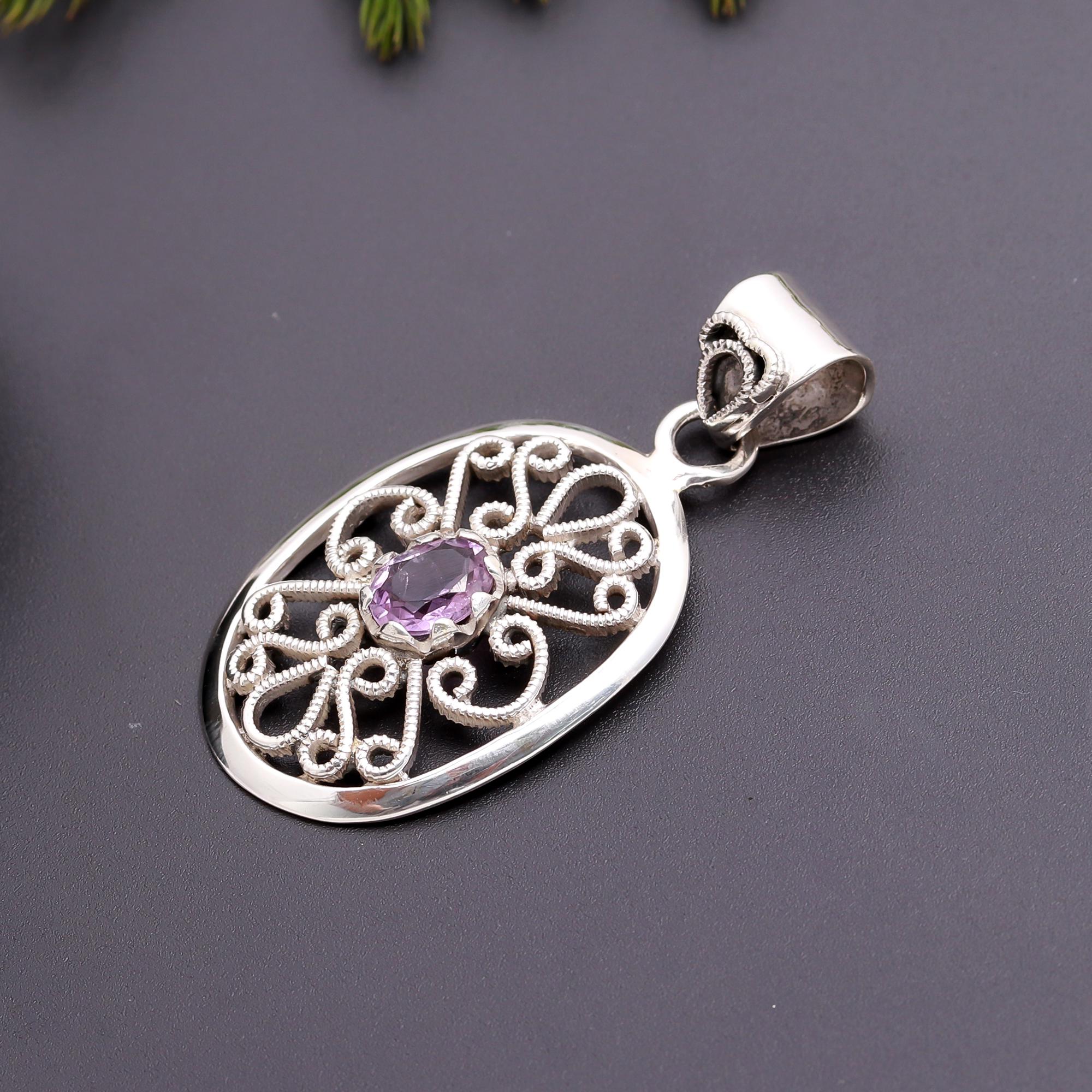 925 Silver Amethyst Filigree Pendant