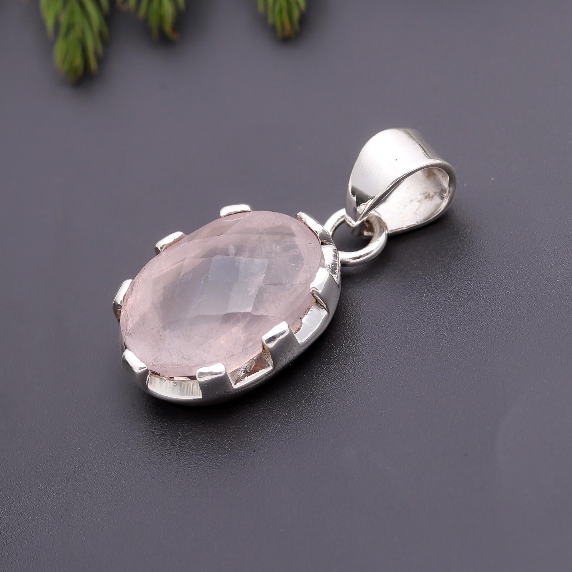 925 Silver Oval Rose Quartz Pendant