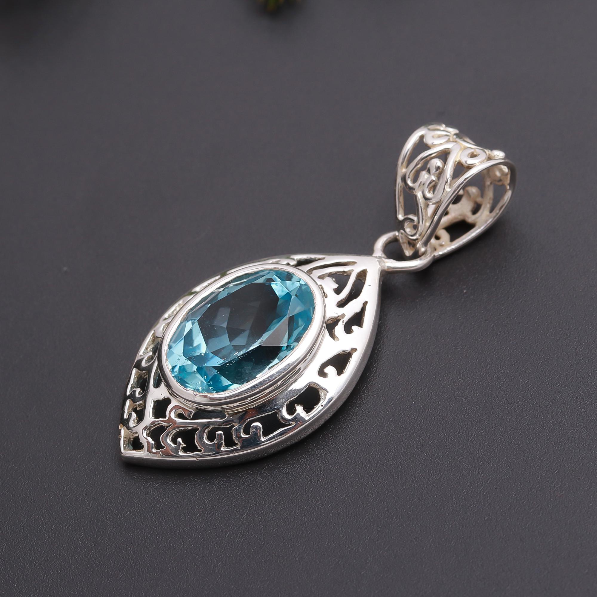 925 Silver Blue Topaz Filigree Pendant