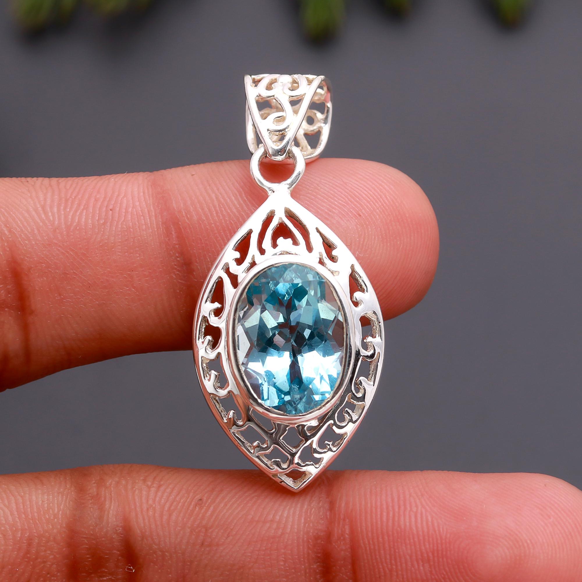925 Silver Blue Topaz Filigree Pendant
