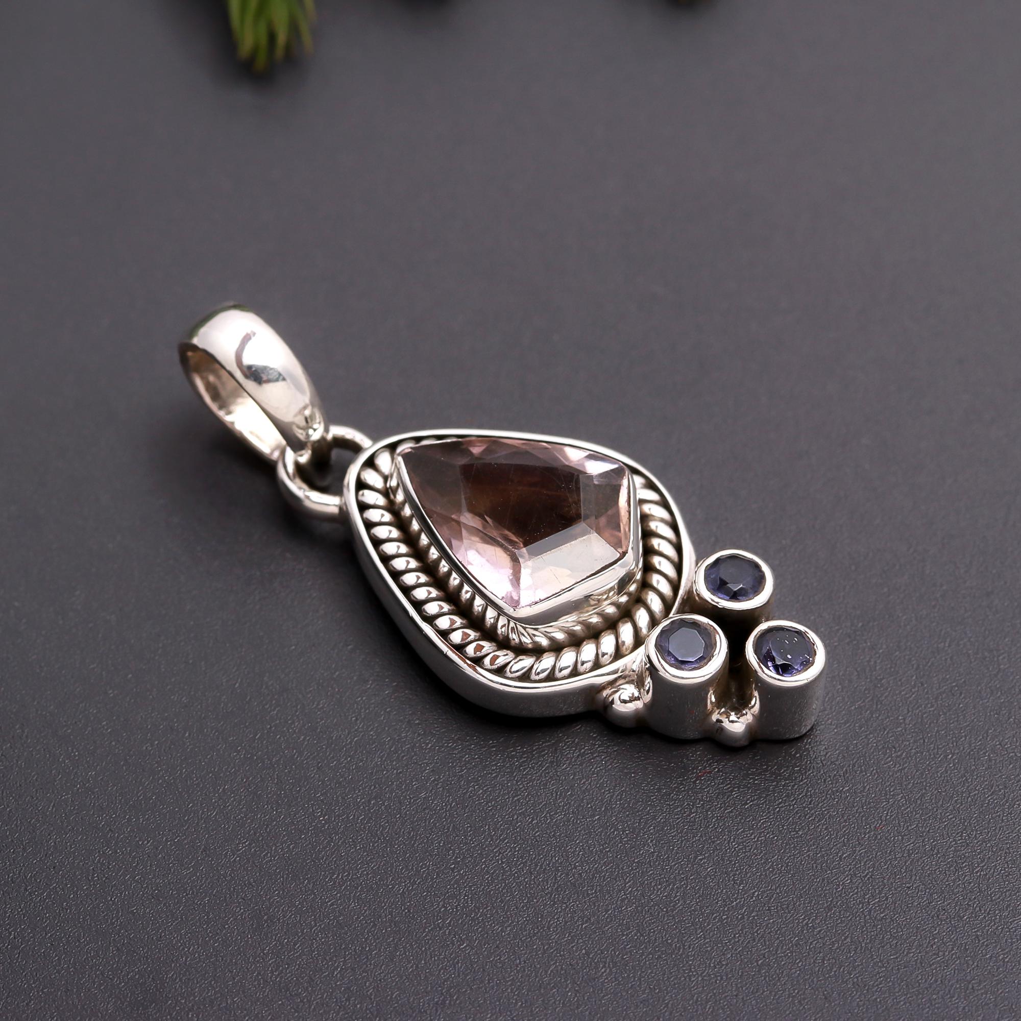 925 Silver Rose Quartz and Iolite Pendant