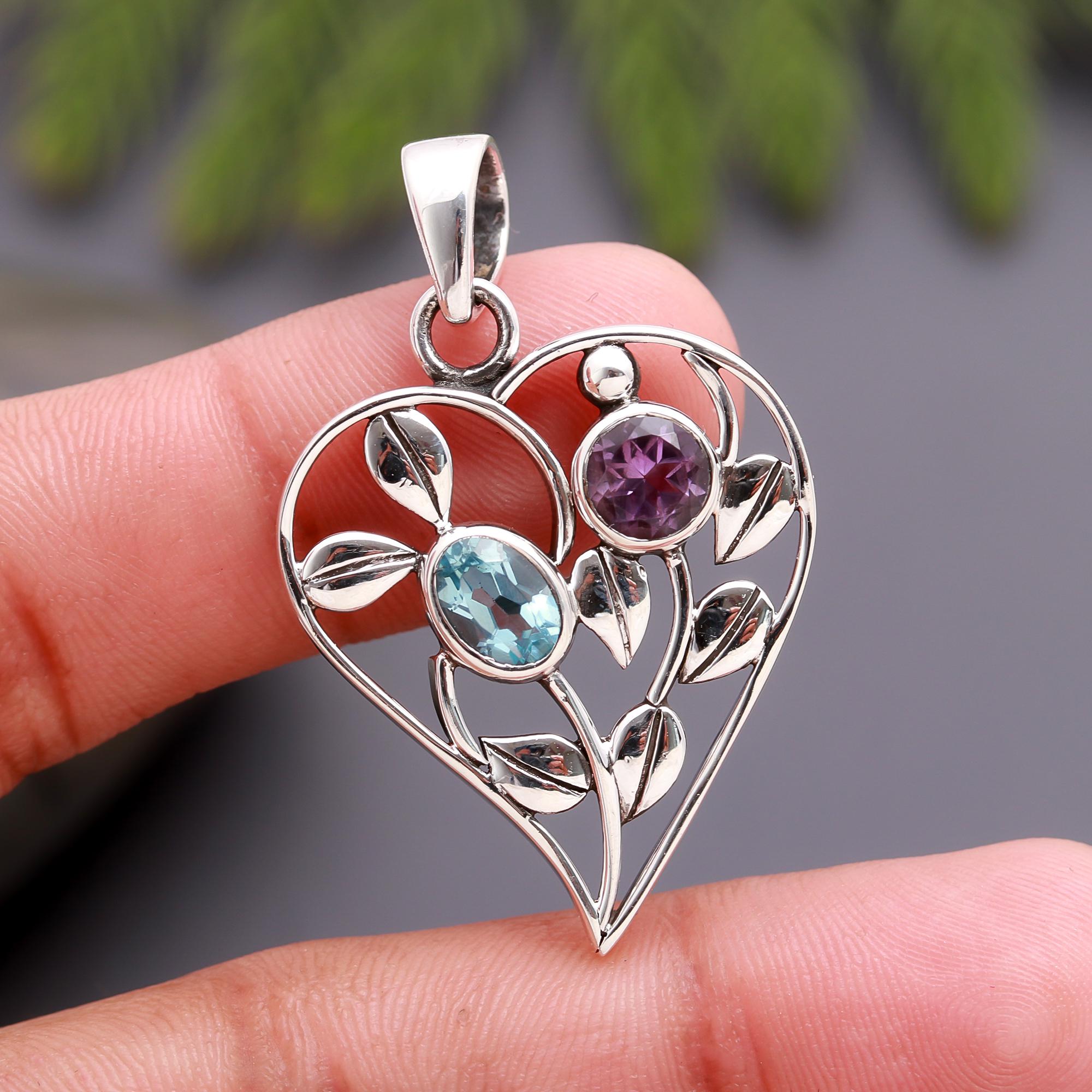 925 Silver Blue Topaz and Amethyst Heart Pendant