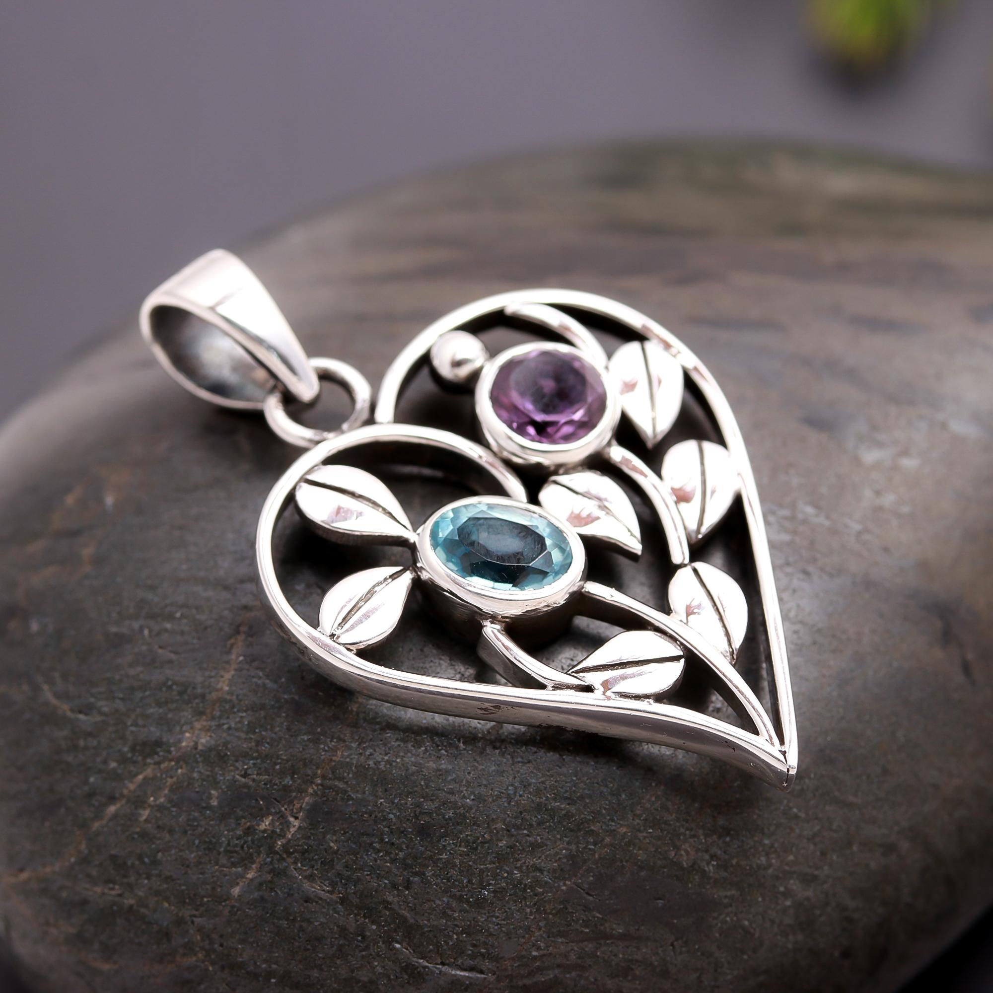 925 Silver Blue Topaz and Amethyst Heart Pendant