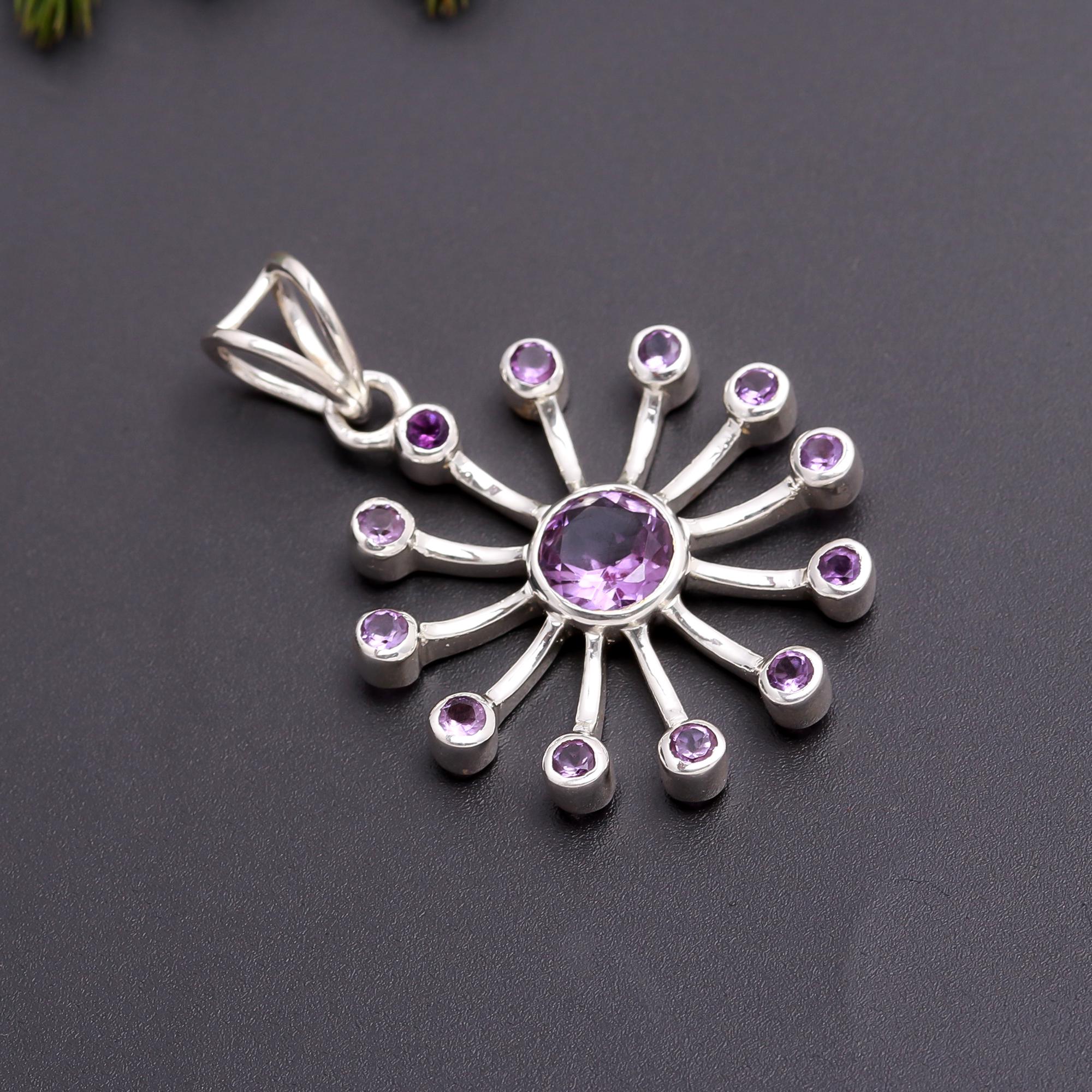 925 Silver Amethyst Sunburst Pendant