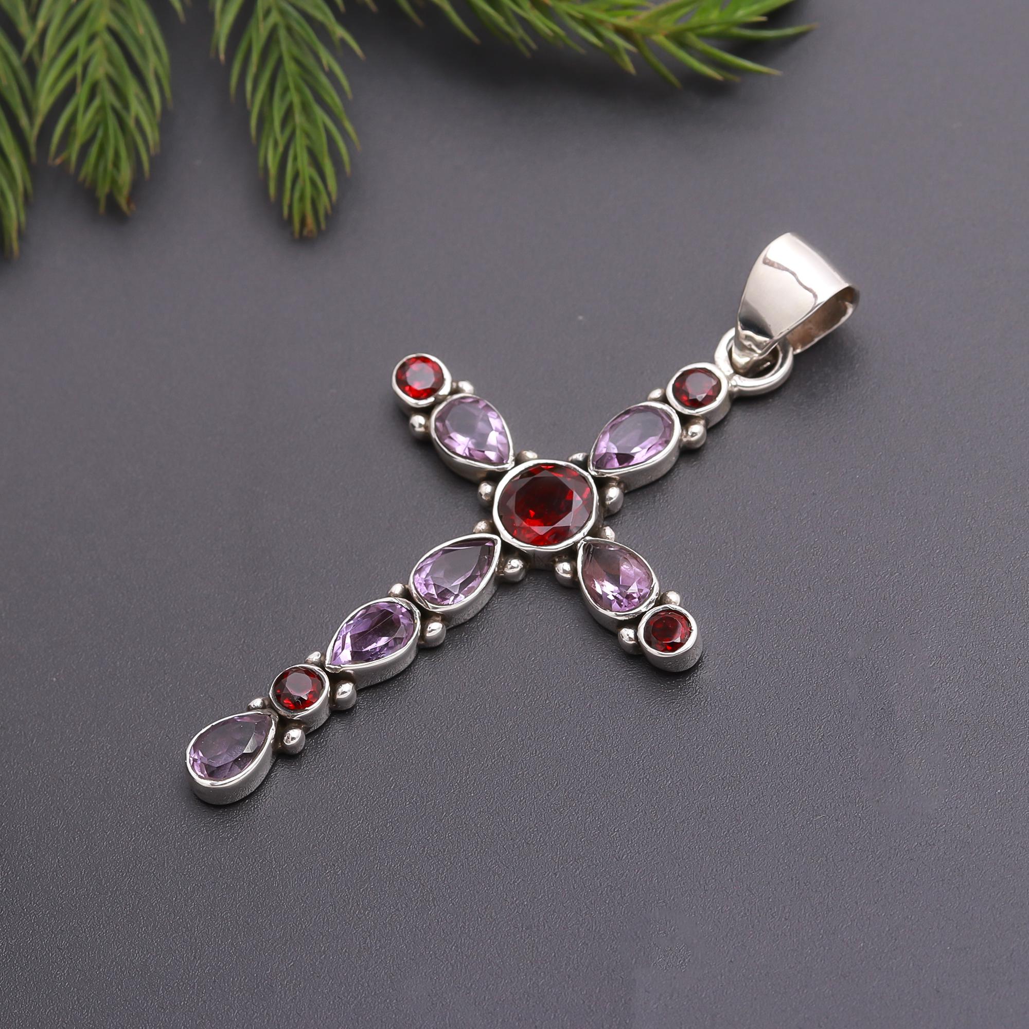 925 Silver Garnet & Amethyst Cross Pendant