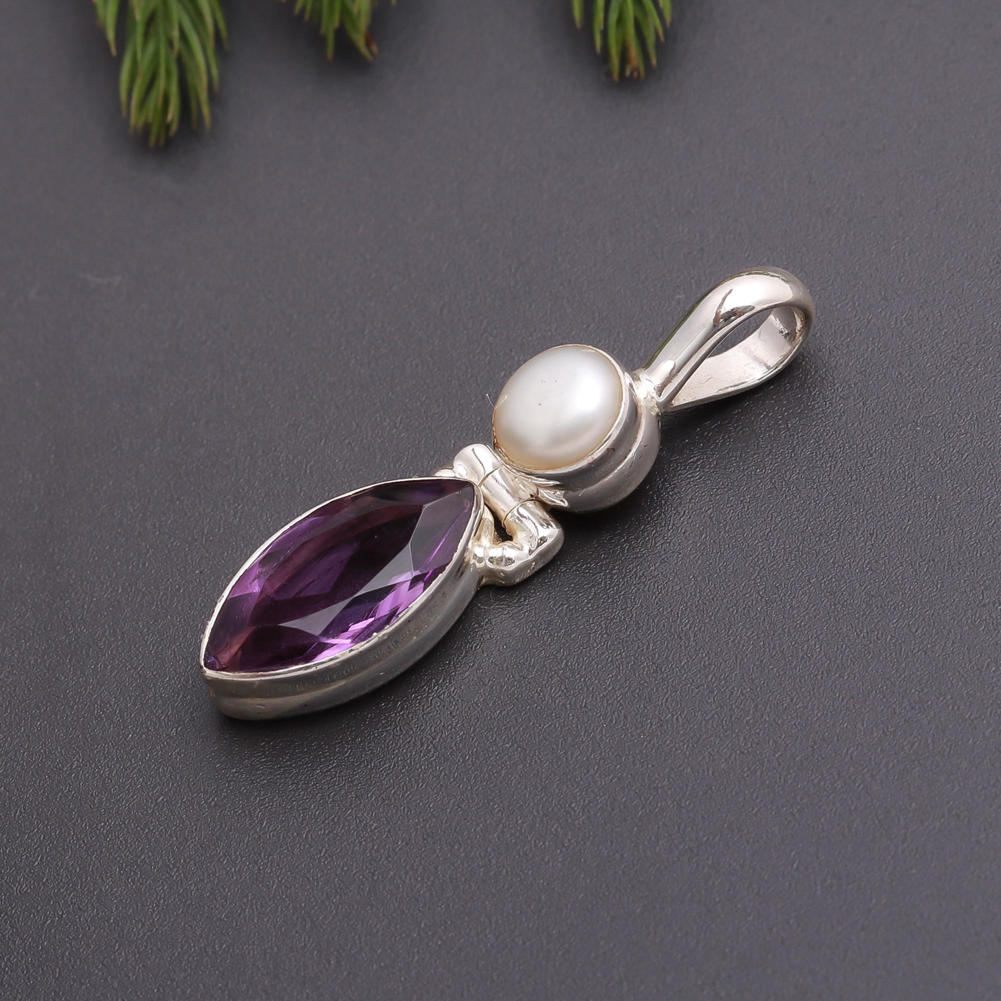 925 Silver Pearl and Amethyst Pendant