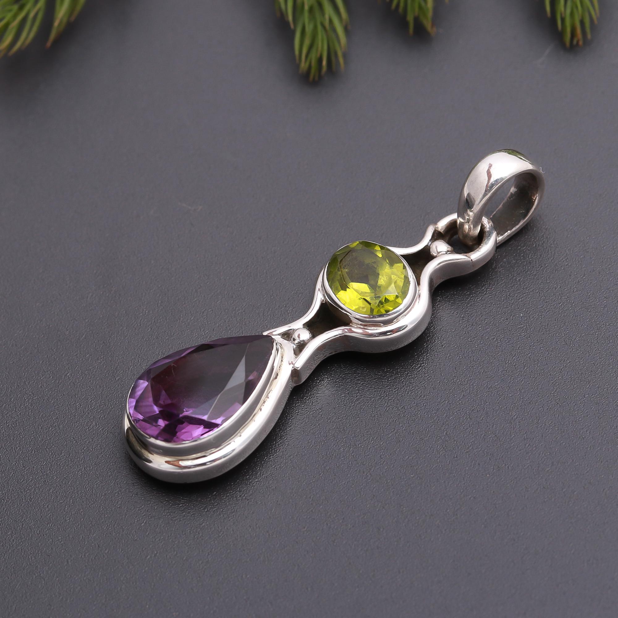 925 Silver Peridot and Amethyst Pendant