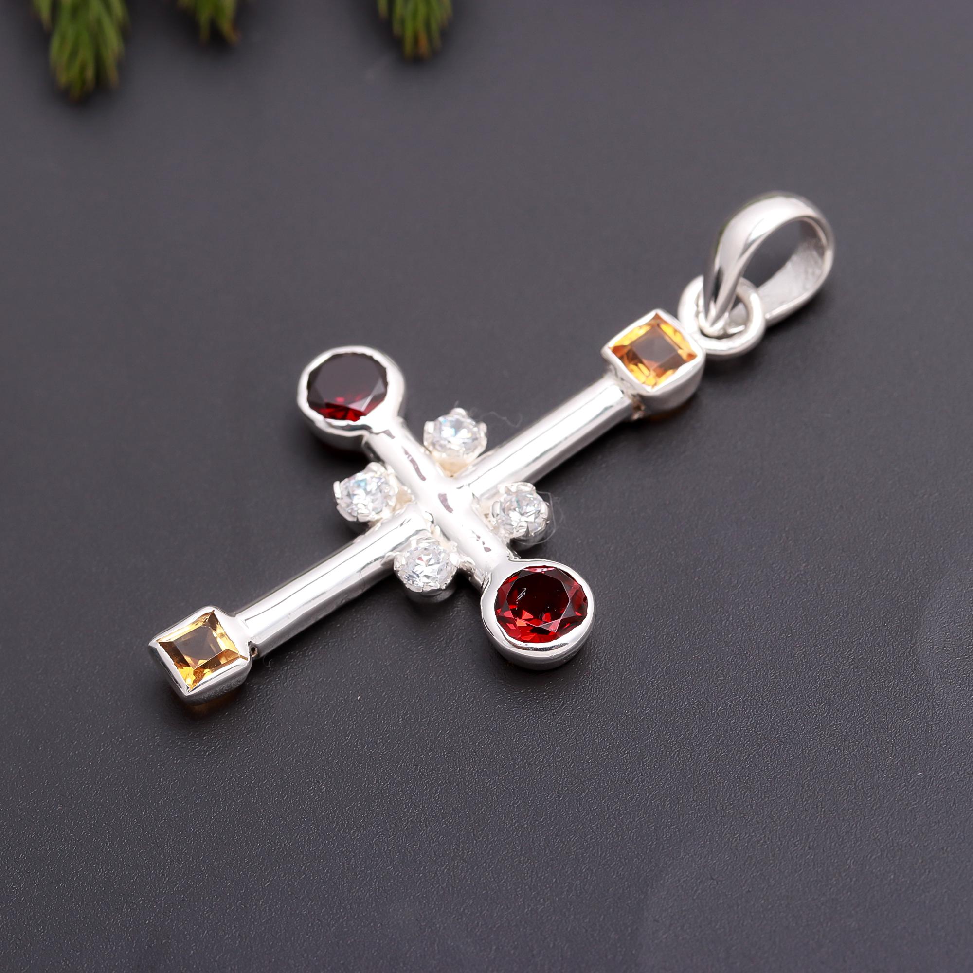 925 Silver Multi-Gemstone Cross Pendant