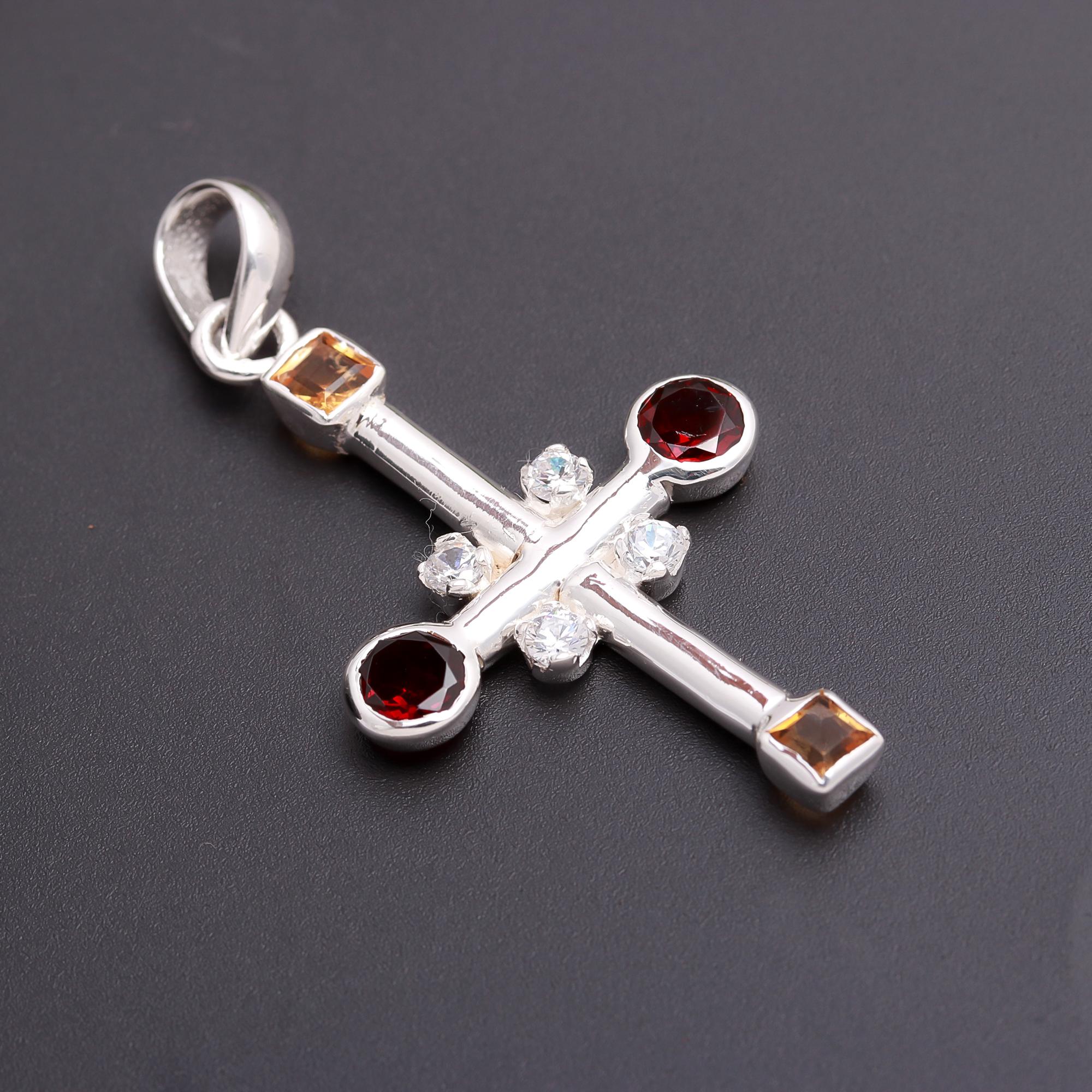 925 Silver Multi-Gemstone Cross Pendant