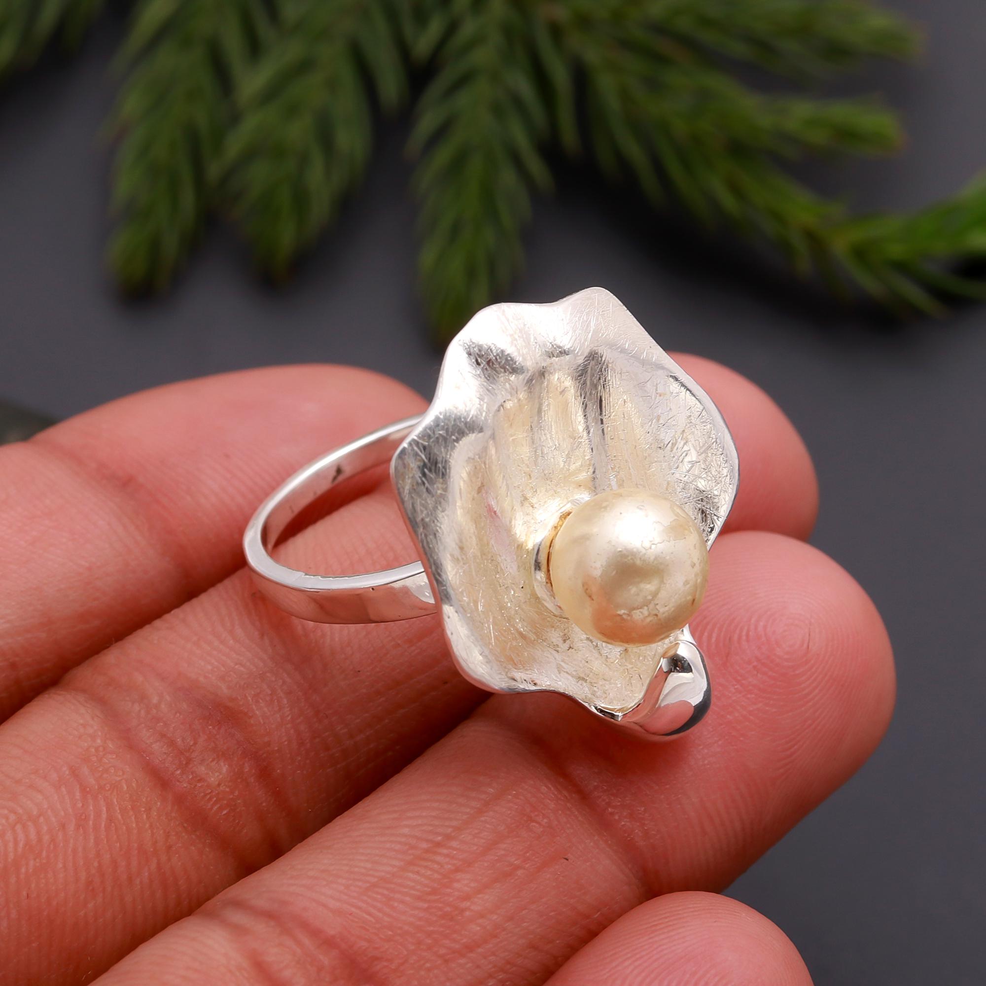 925 Silver Golden Pearl Ring