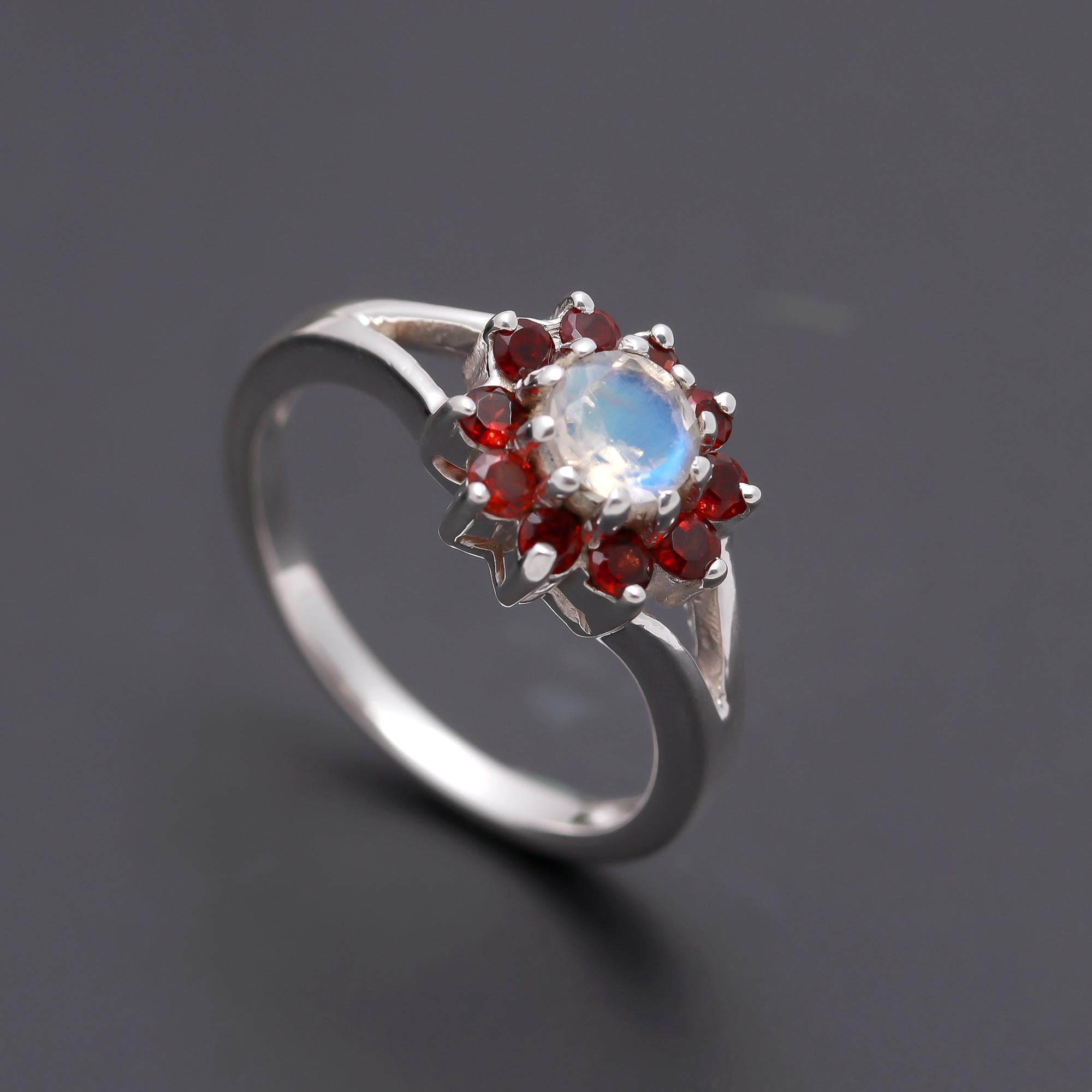 925 Silver Moonstone and Garnet Halo Ring