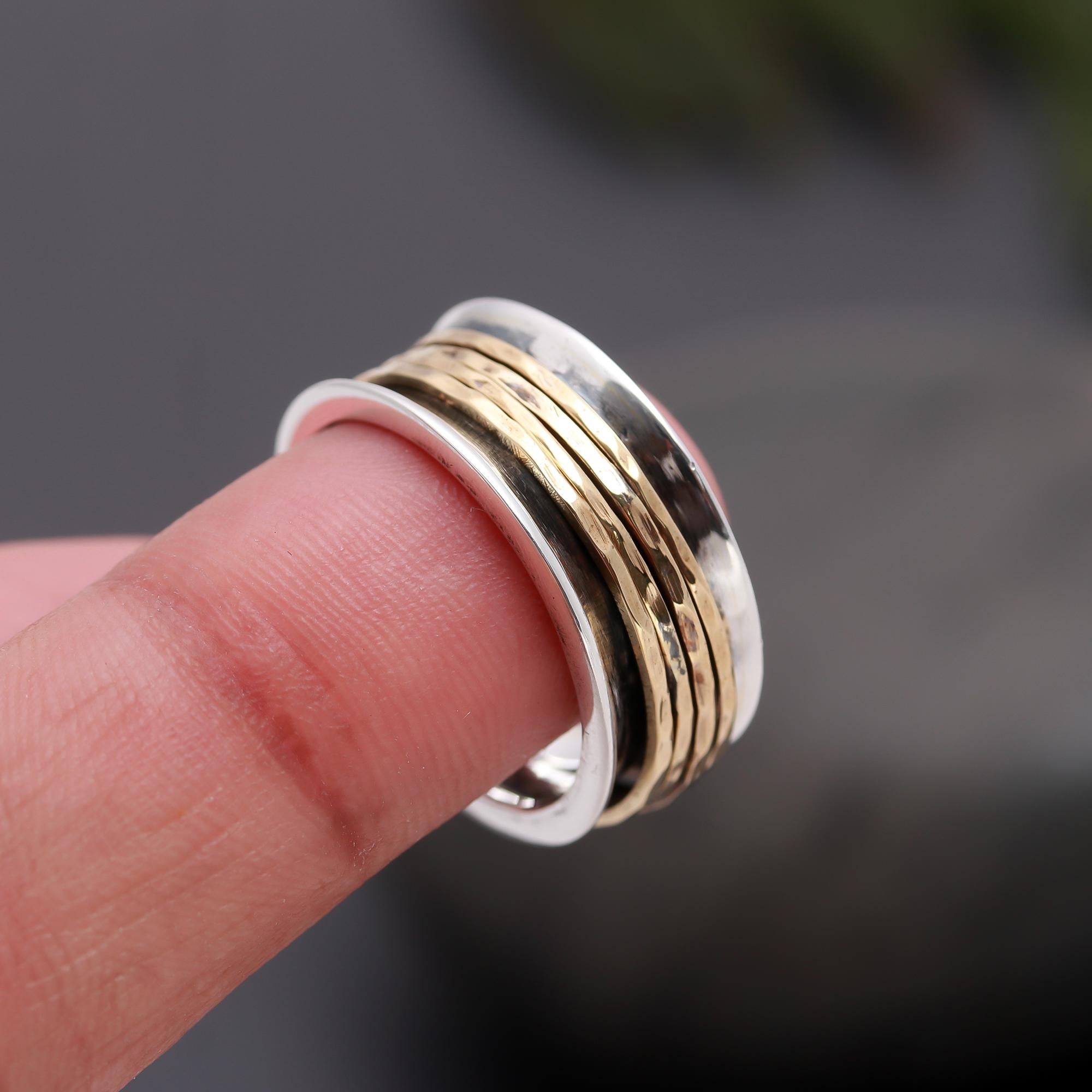 925 Silver Hammered Brass Spinner Ring