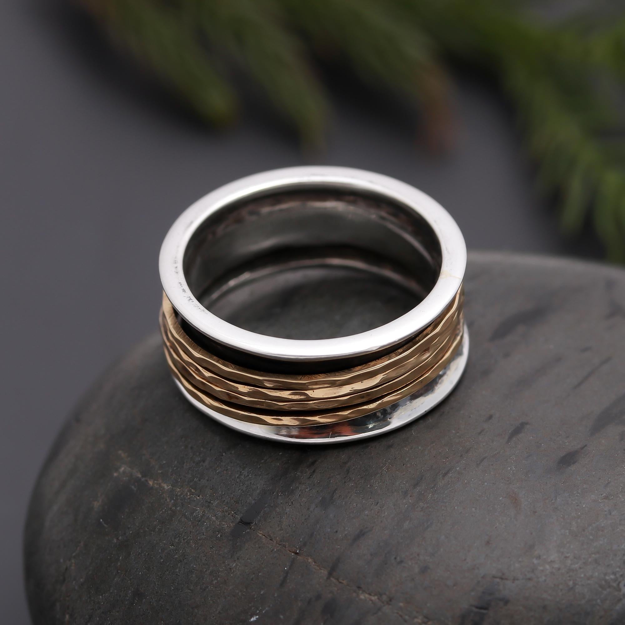 925 Silver Hammered Brass Spinner Ring