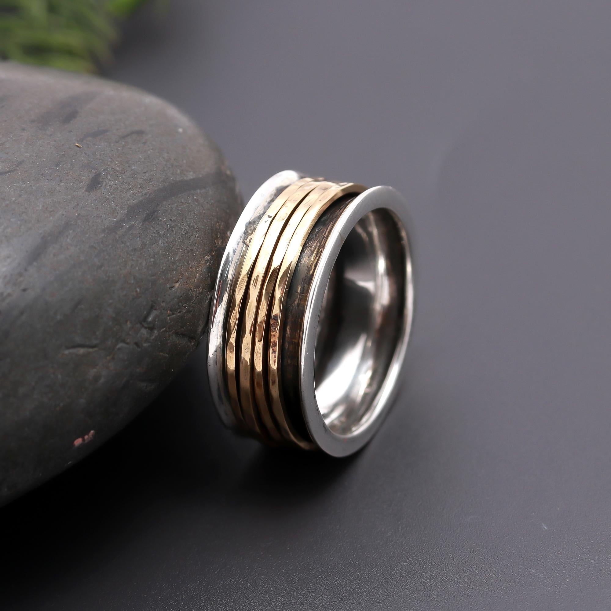 925 Silver Hammered Brass Spinner Ring