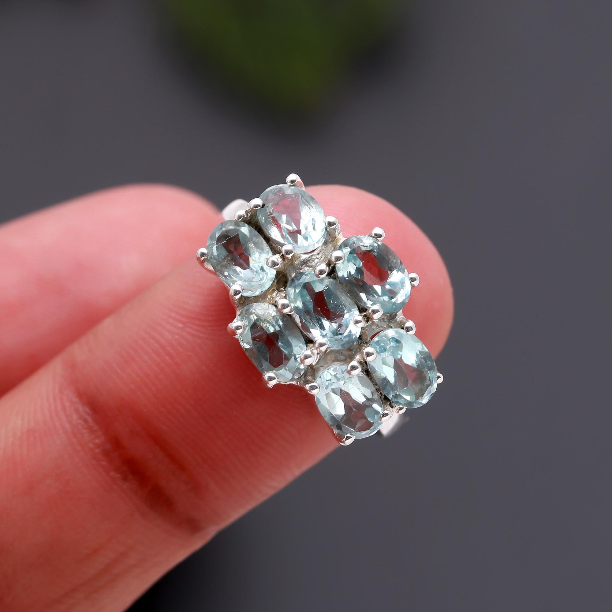 925 Silver Aquamarine Cluster Ring