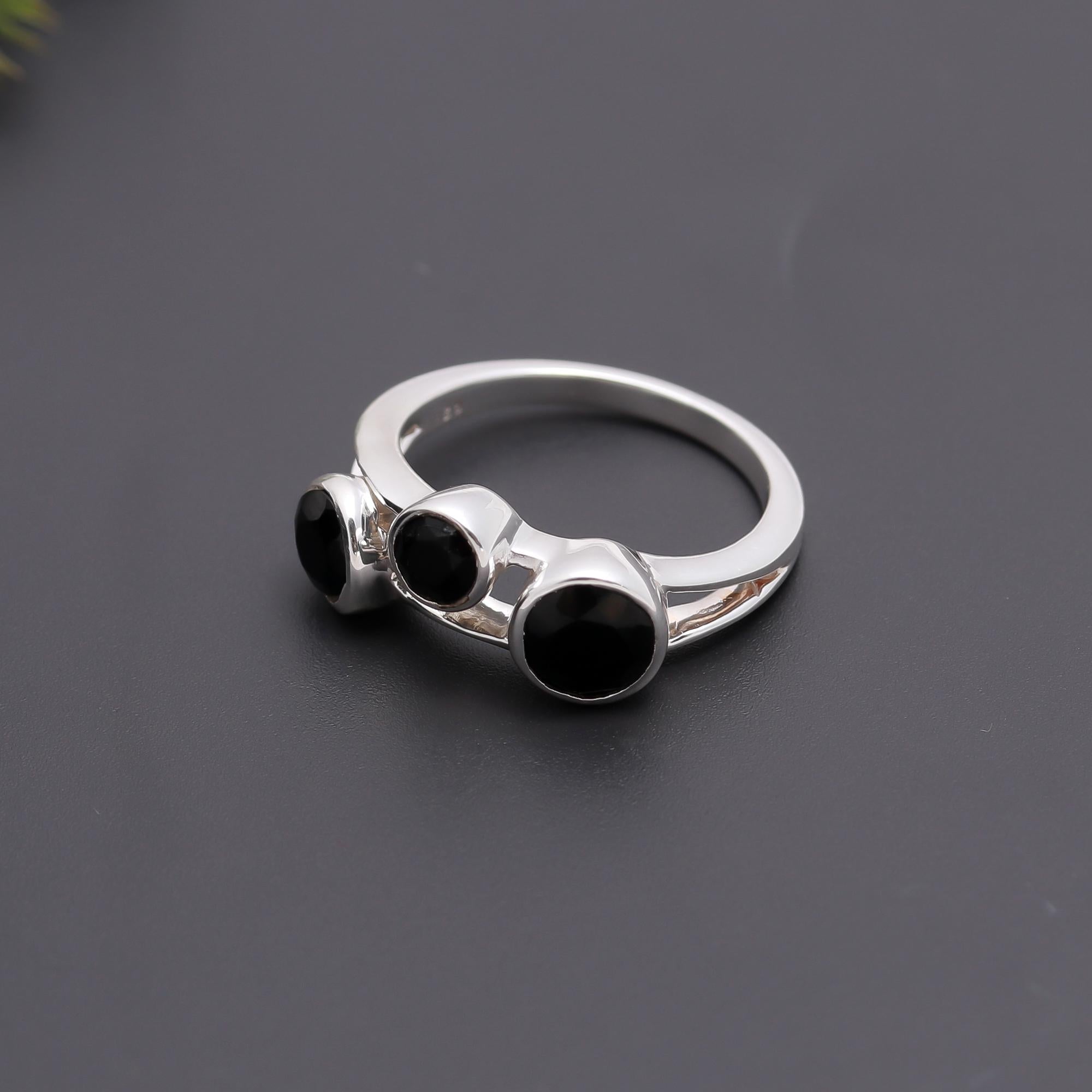 925 Silver Triple Black Onyx Ring