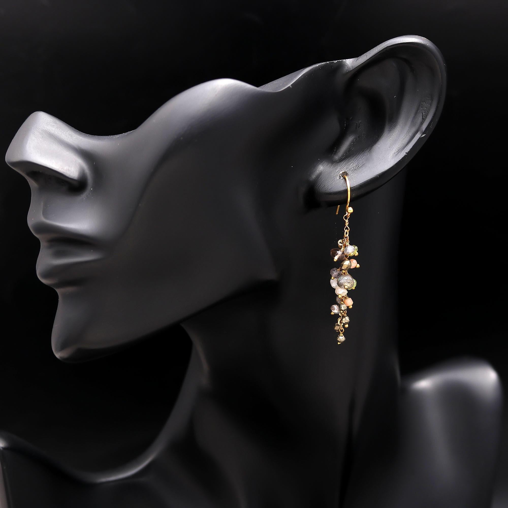 Brass Multi-Cluster Gemstone Dangle Earrings