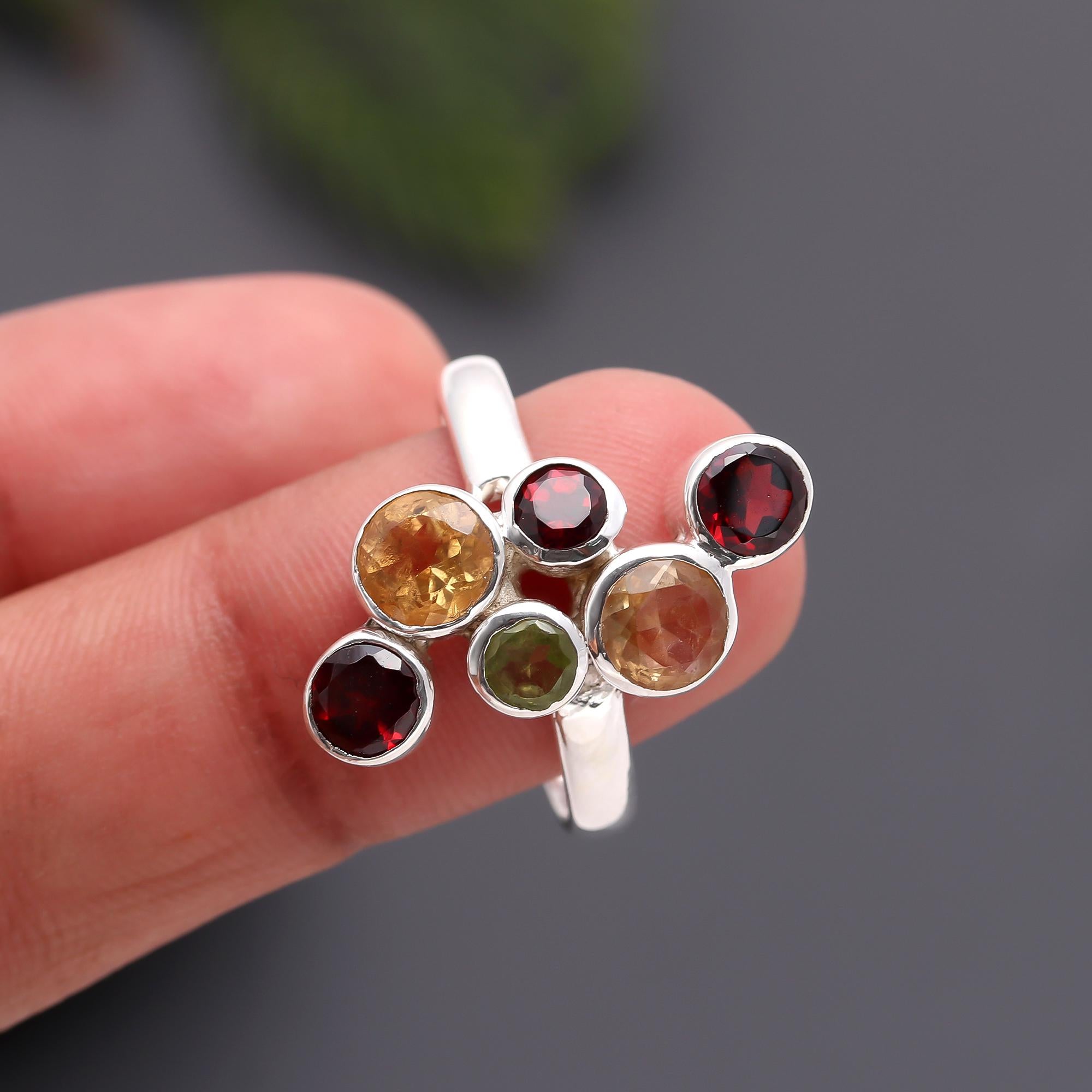 925 Silver Multi Gemstone Cluster Ring