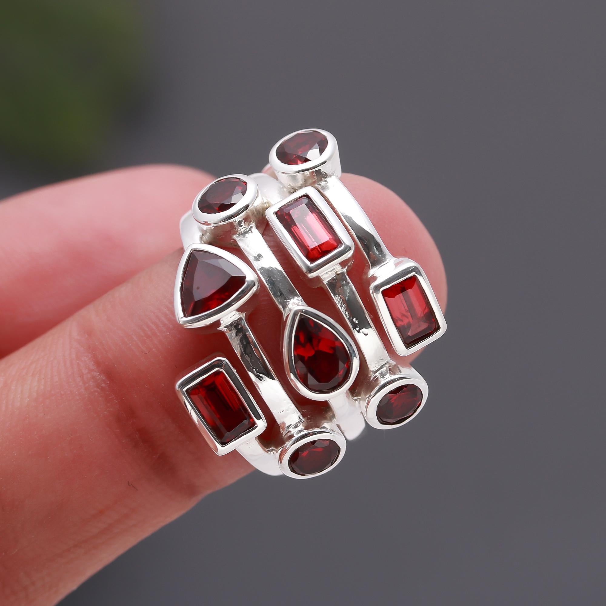 925 Silver Multi Shape Garnet Ring