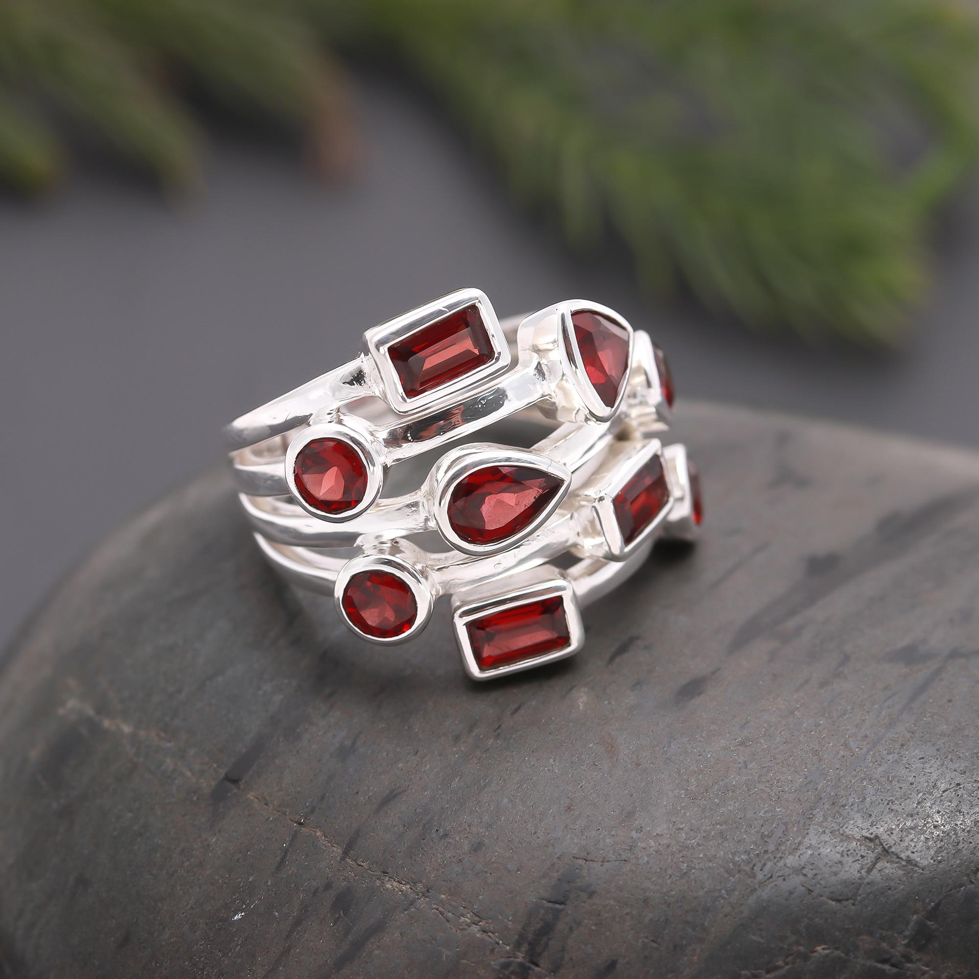 925 Silver Multi Shape Garnet Ring