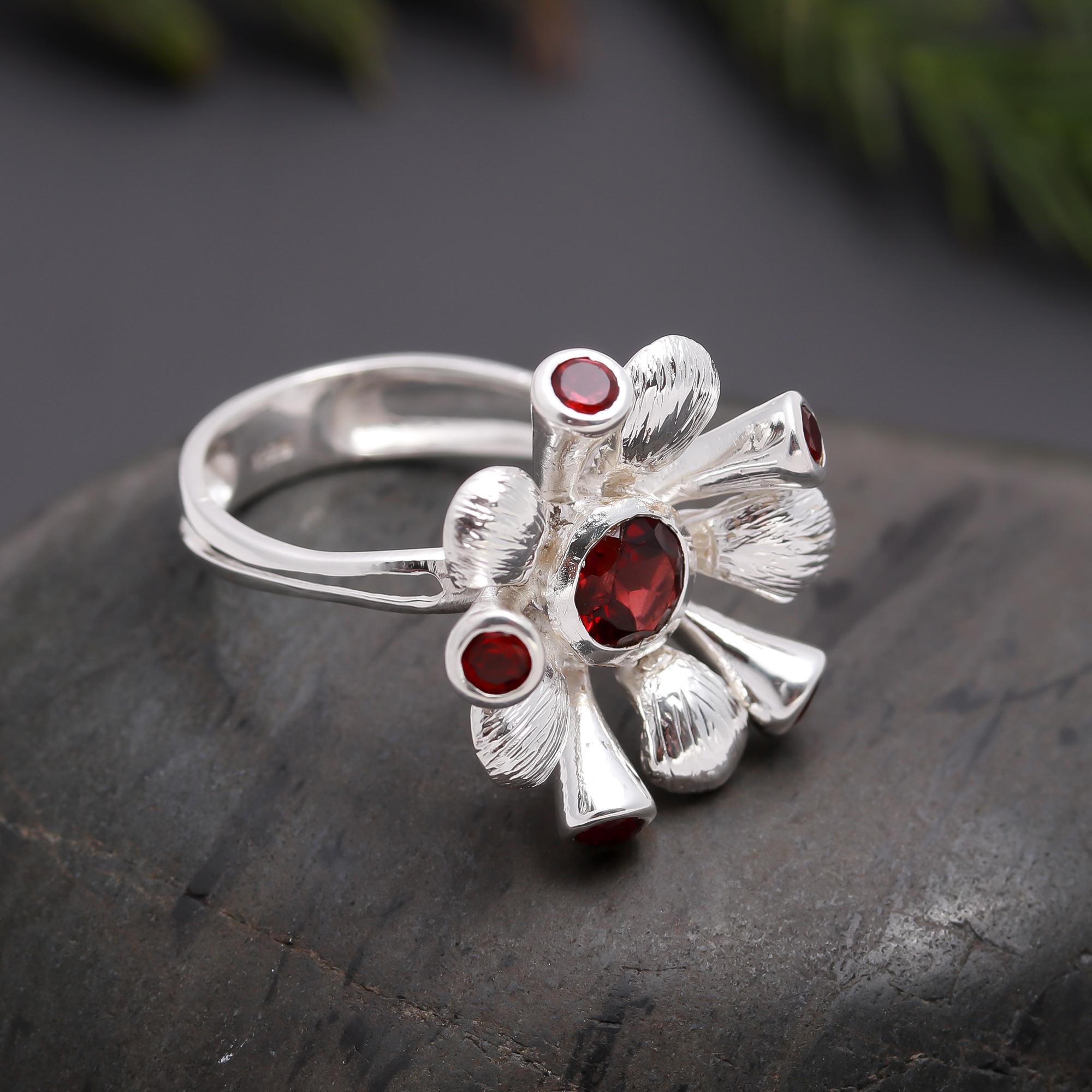 925 Silver Floral Garnet Ring