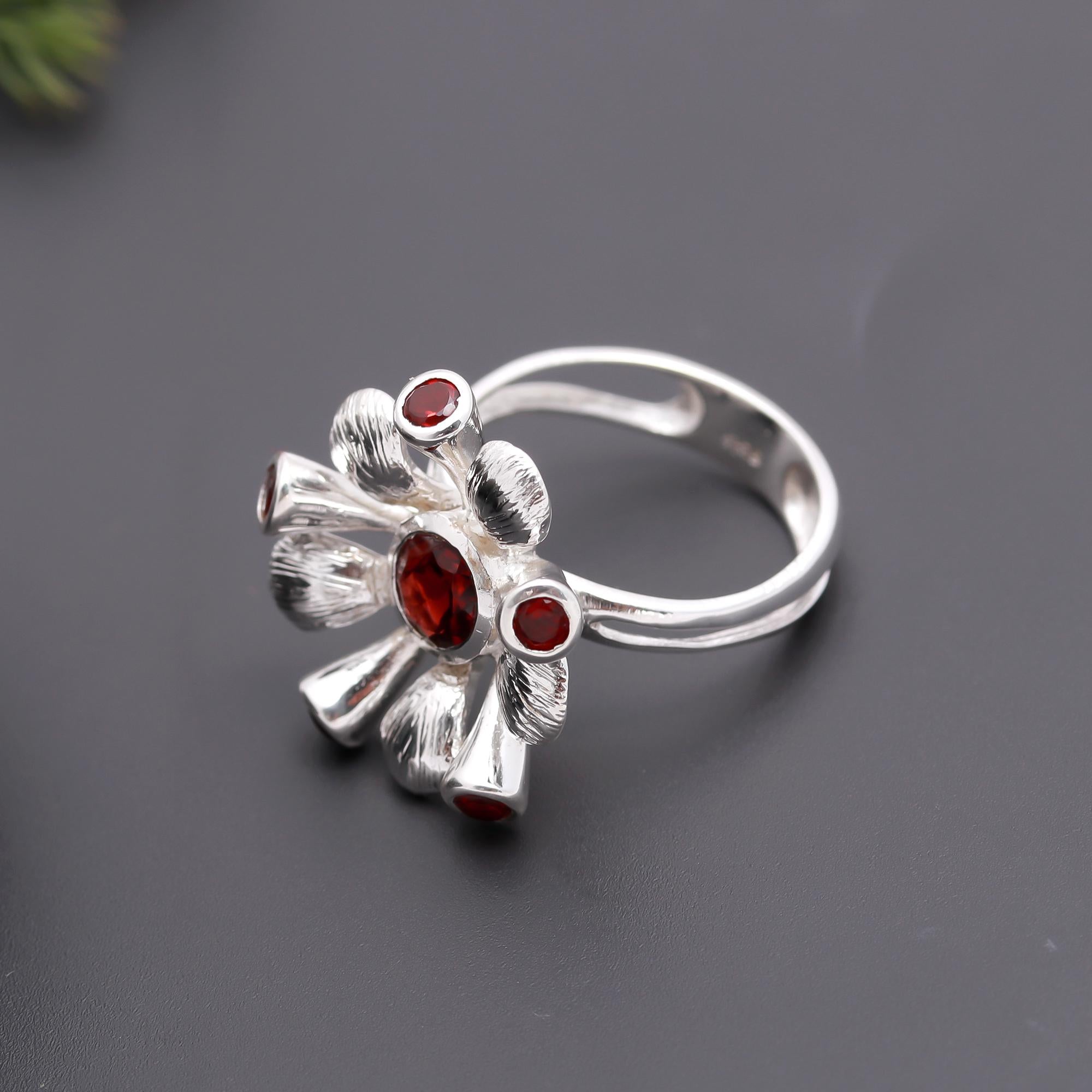 925 Silver Floral Garnet Ring