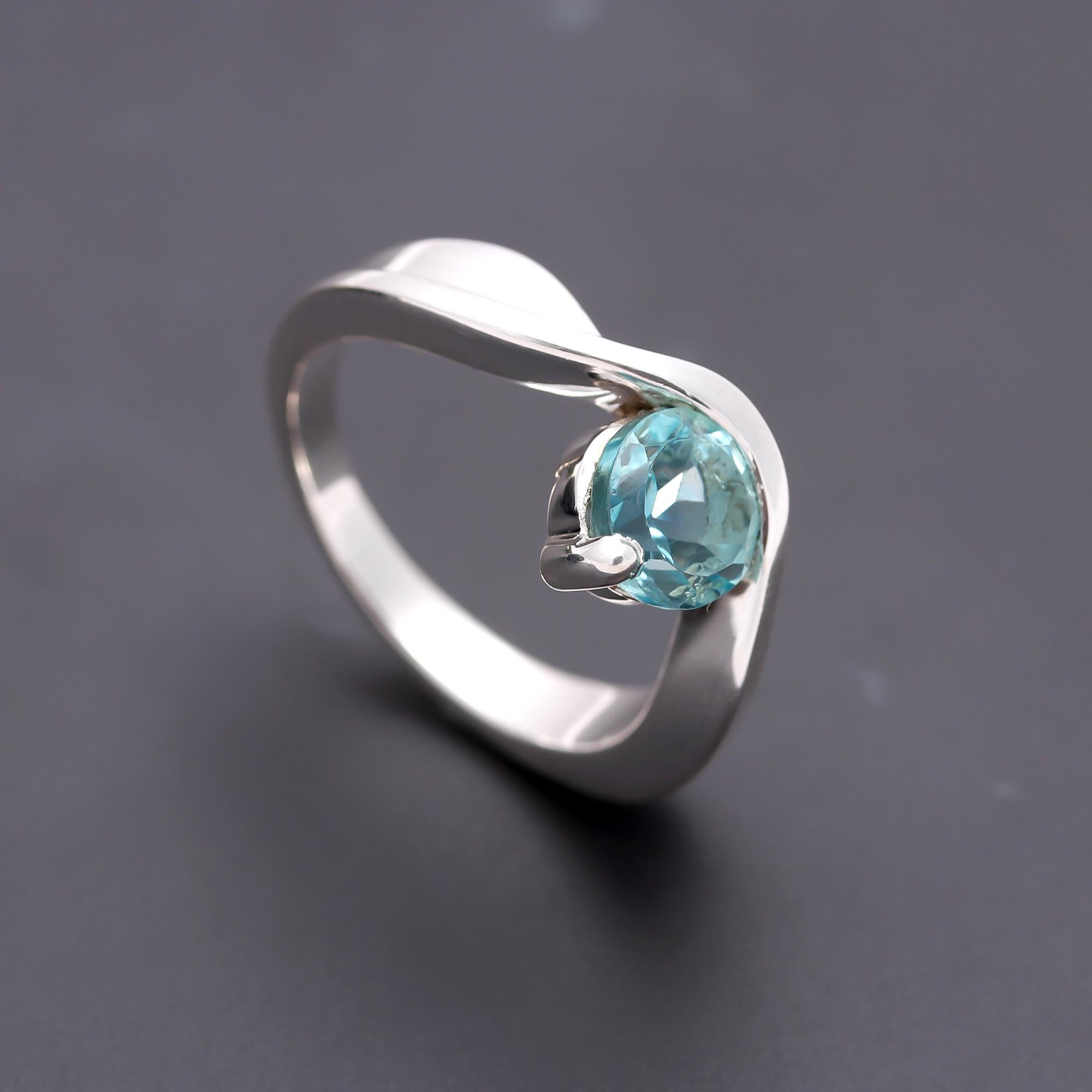 925 Silver Round Aquamarine Ring