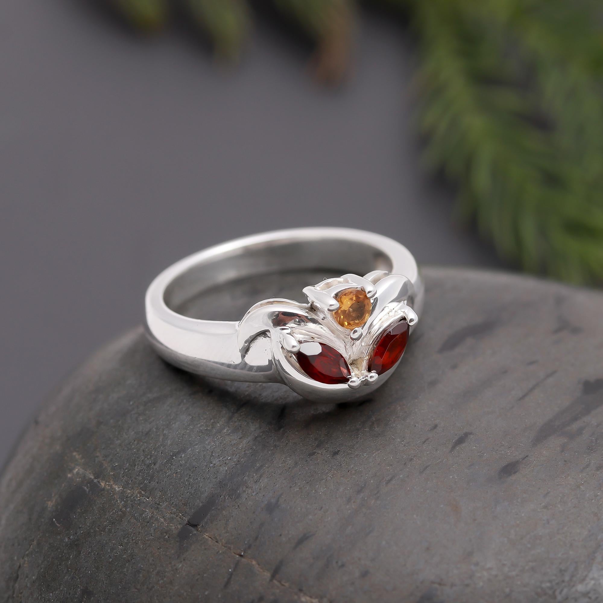 925 Silver Garnet & Citrine Ring