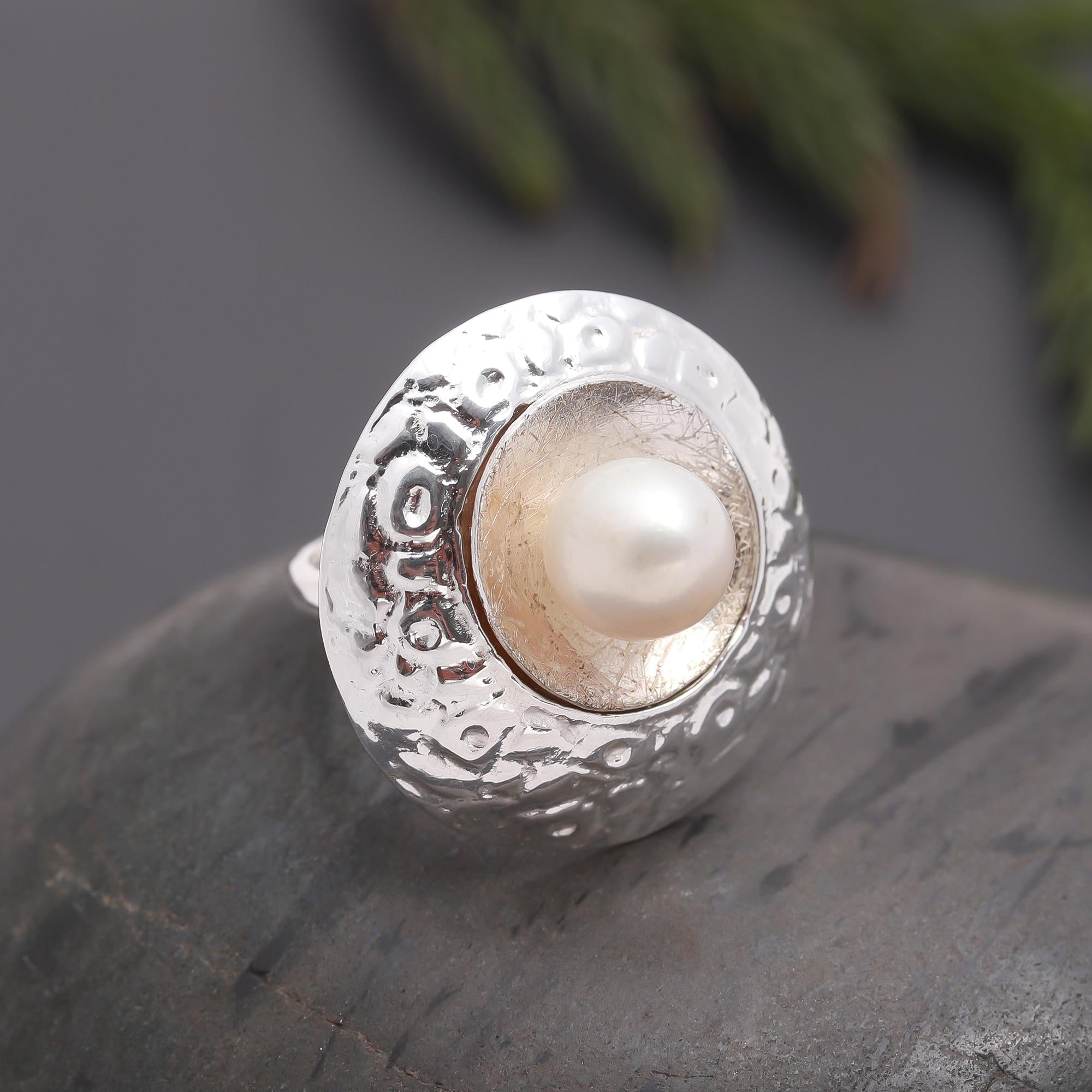 925 Silver Hammered Dome Pearl Ring