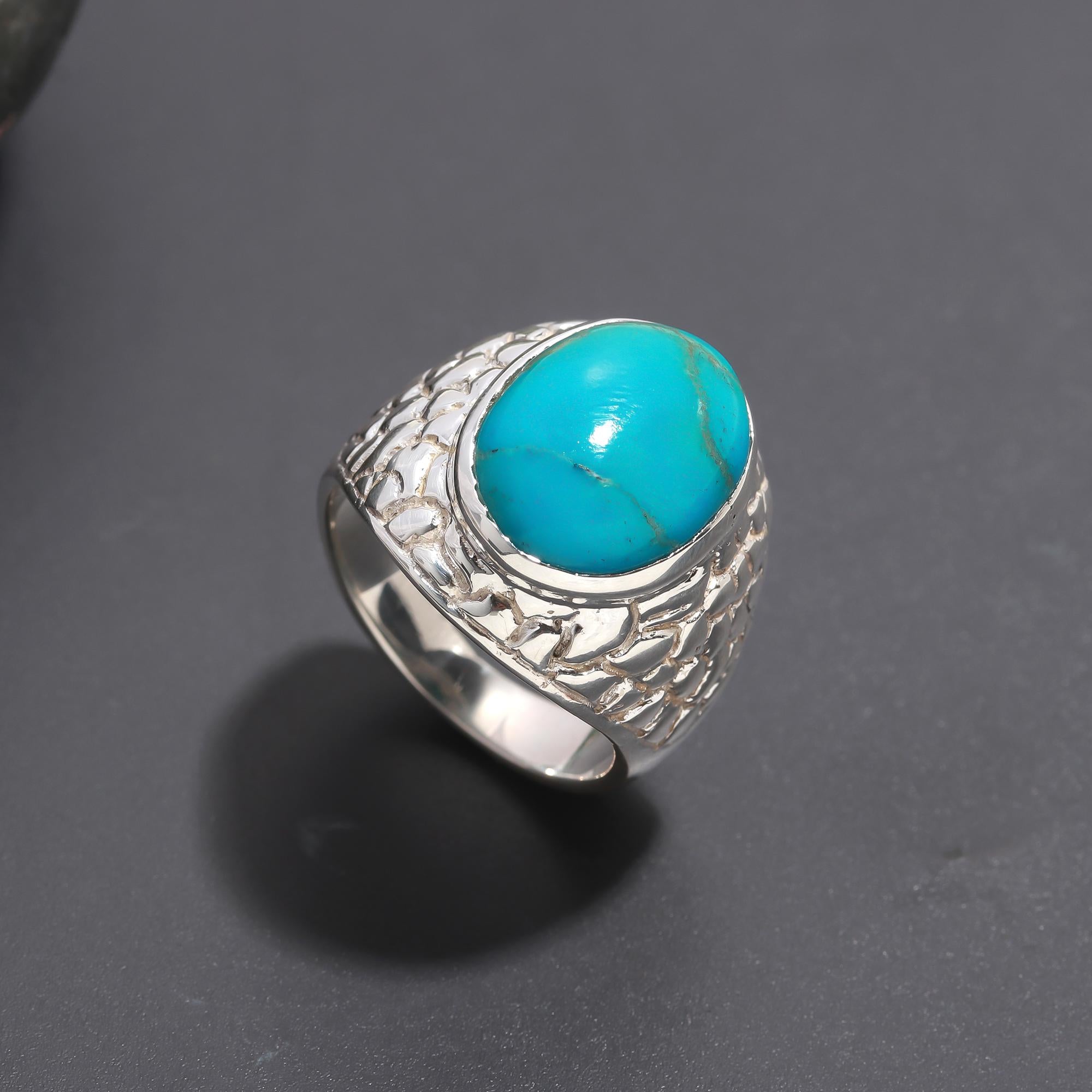 925 Silver Textured Wide-Band Turquoise Ring