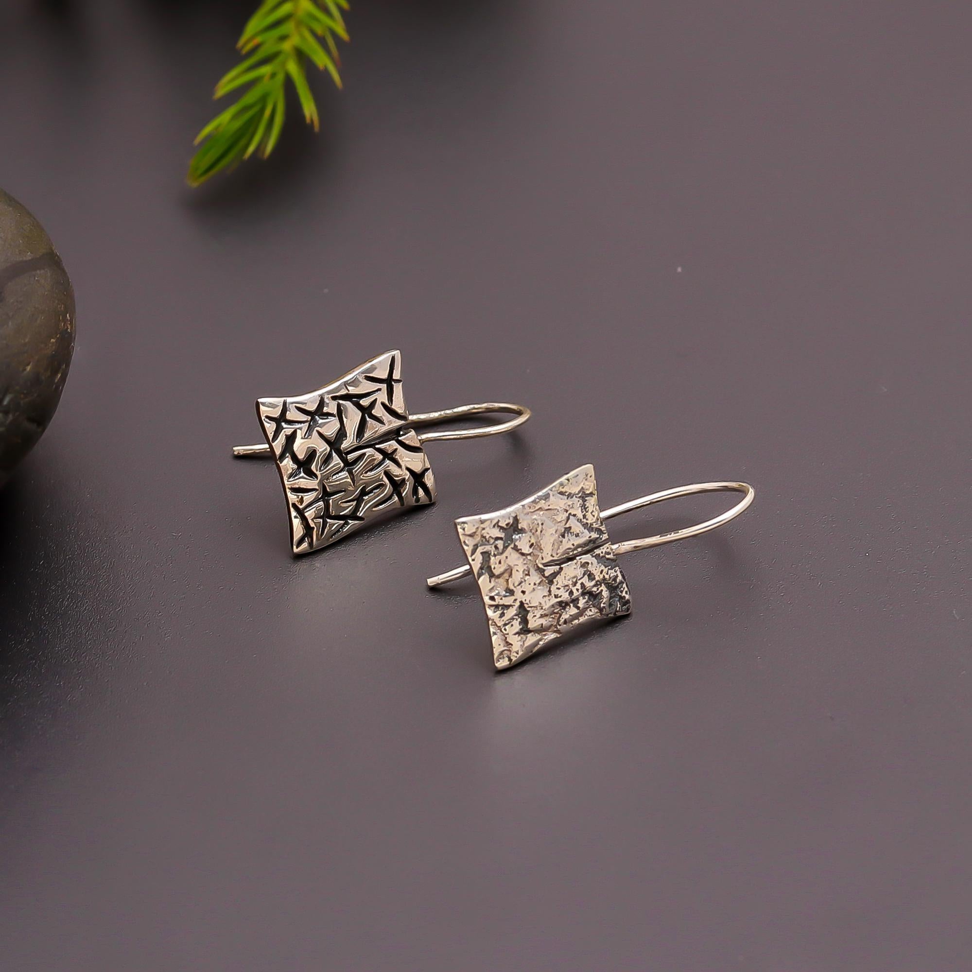 925 Silver Textured Square Drop Earrings