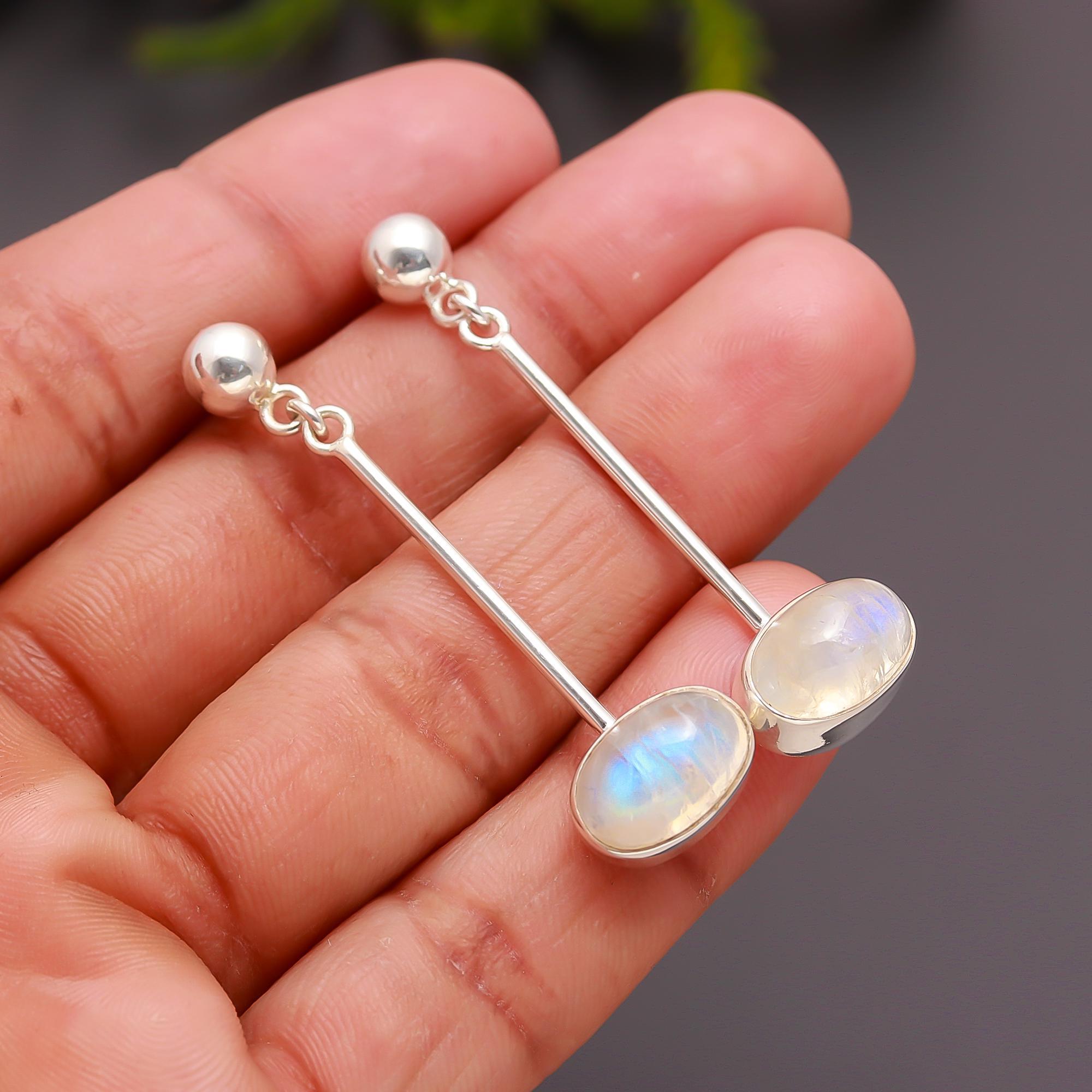925 Silver Moonstone Bar Drop Earrings