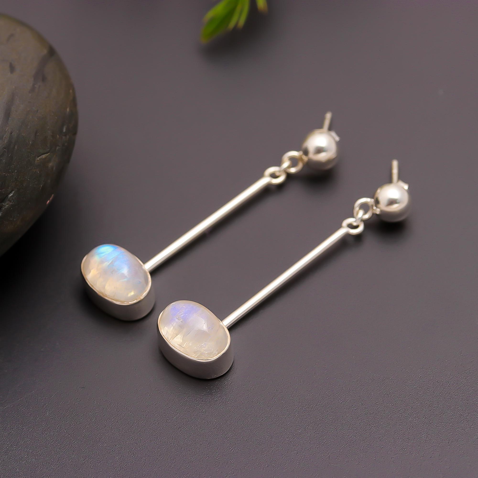 925 Silver Moonstone Bar Drop Earrings