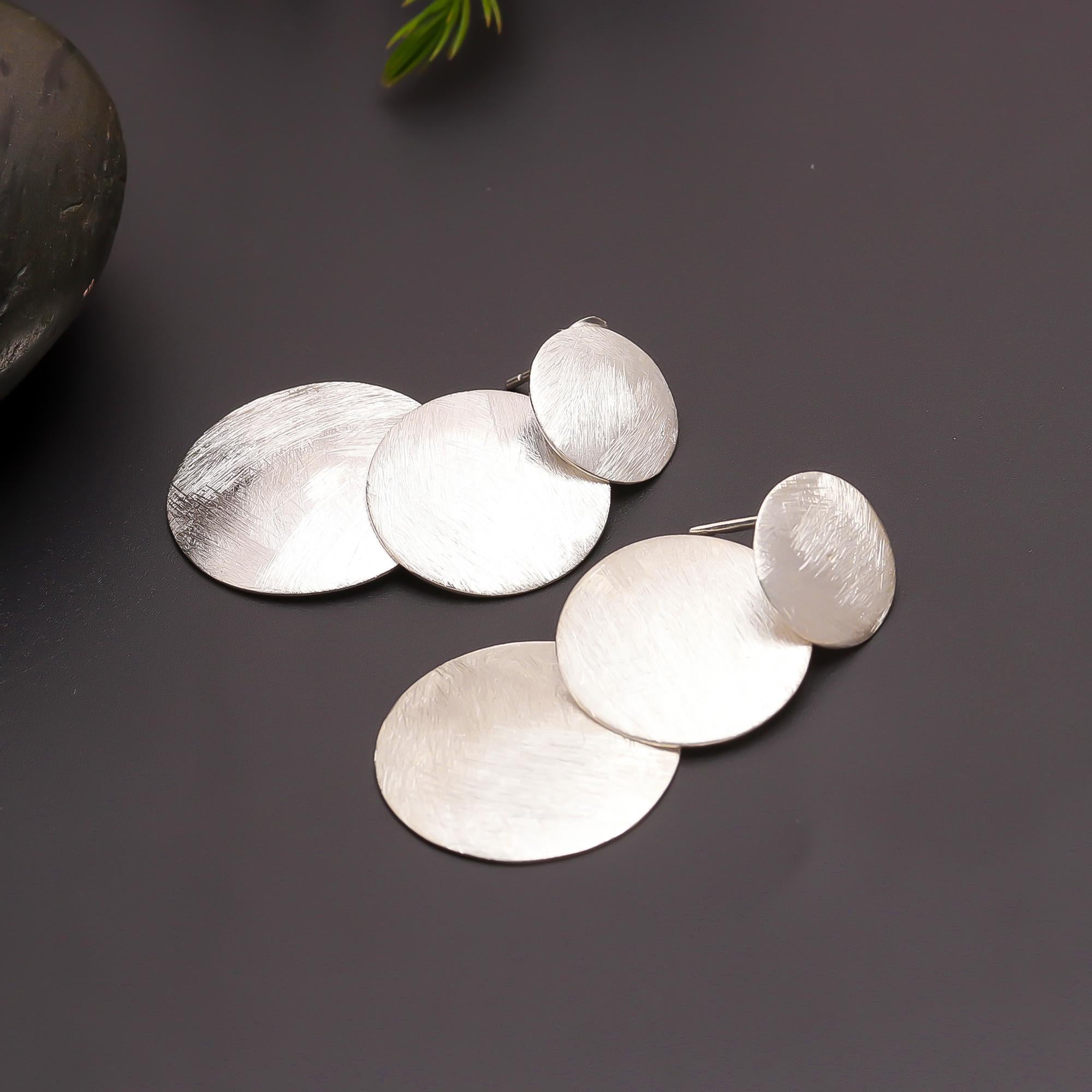 925 Silver Brushed Circle Cascade Earrings