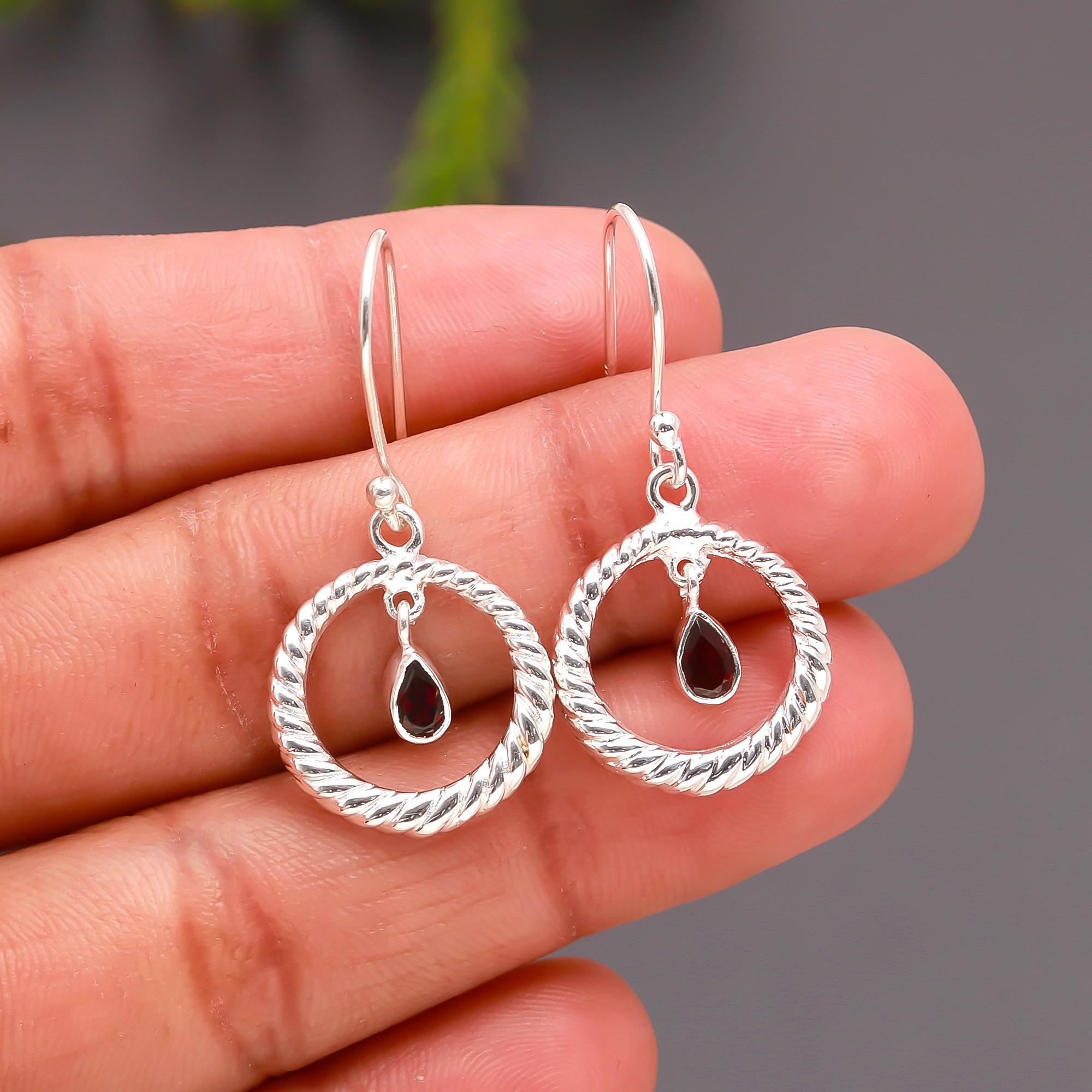 925 Silver Twisted Hoop Garnet Drop Earrings