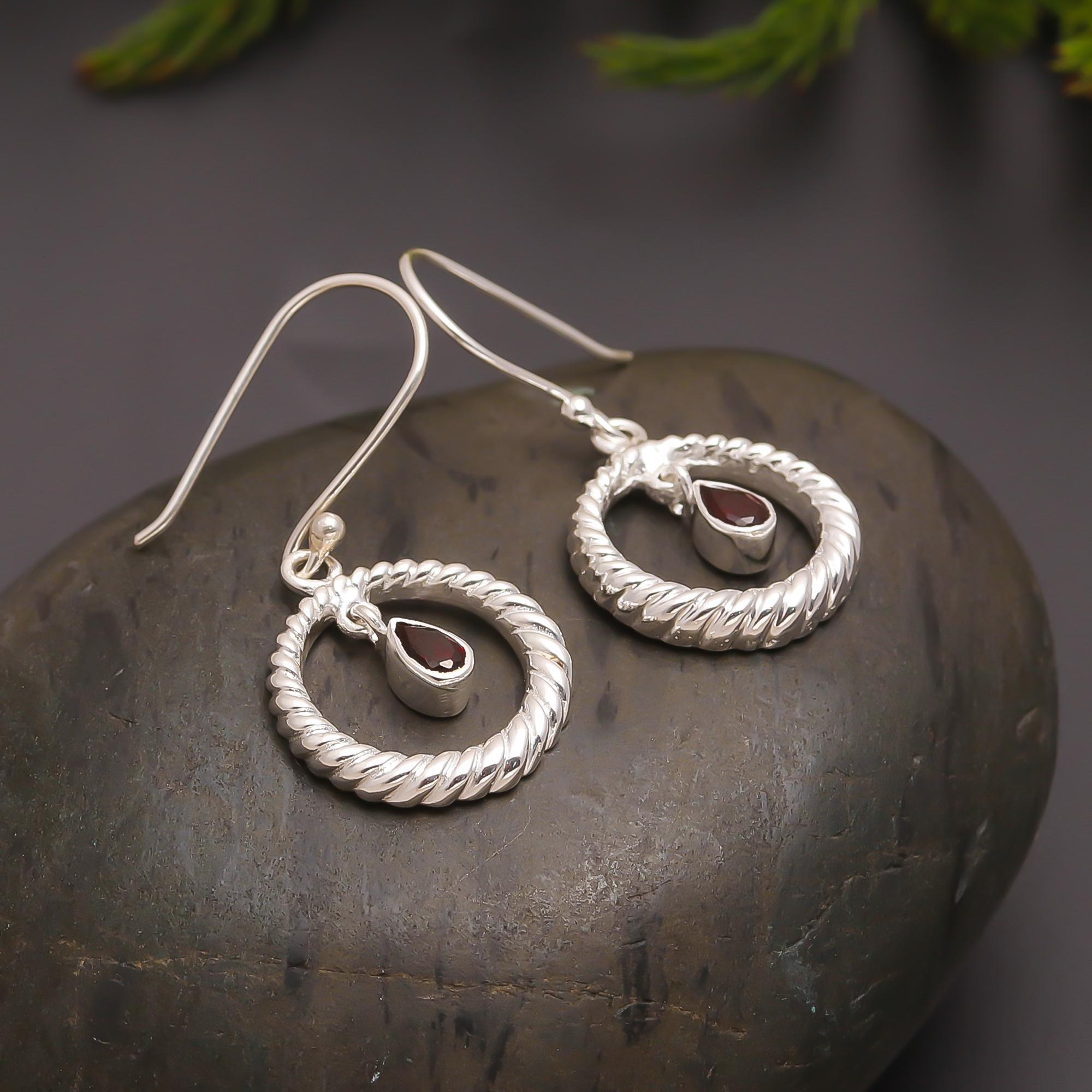 925 Silver Twisted Hoop Garnet Drop Earrings