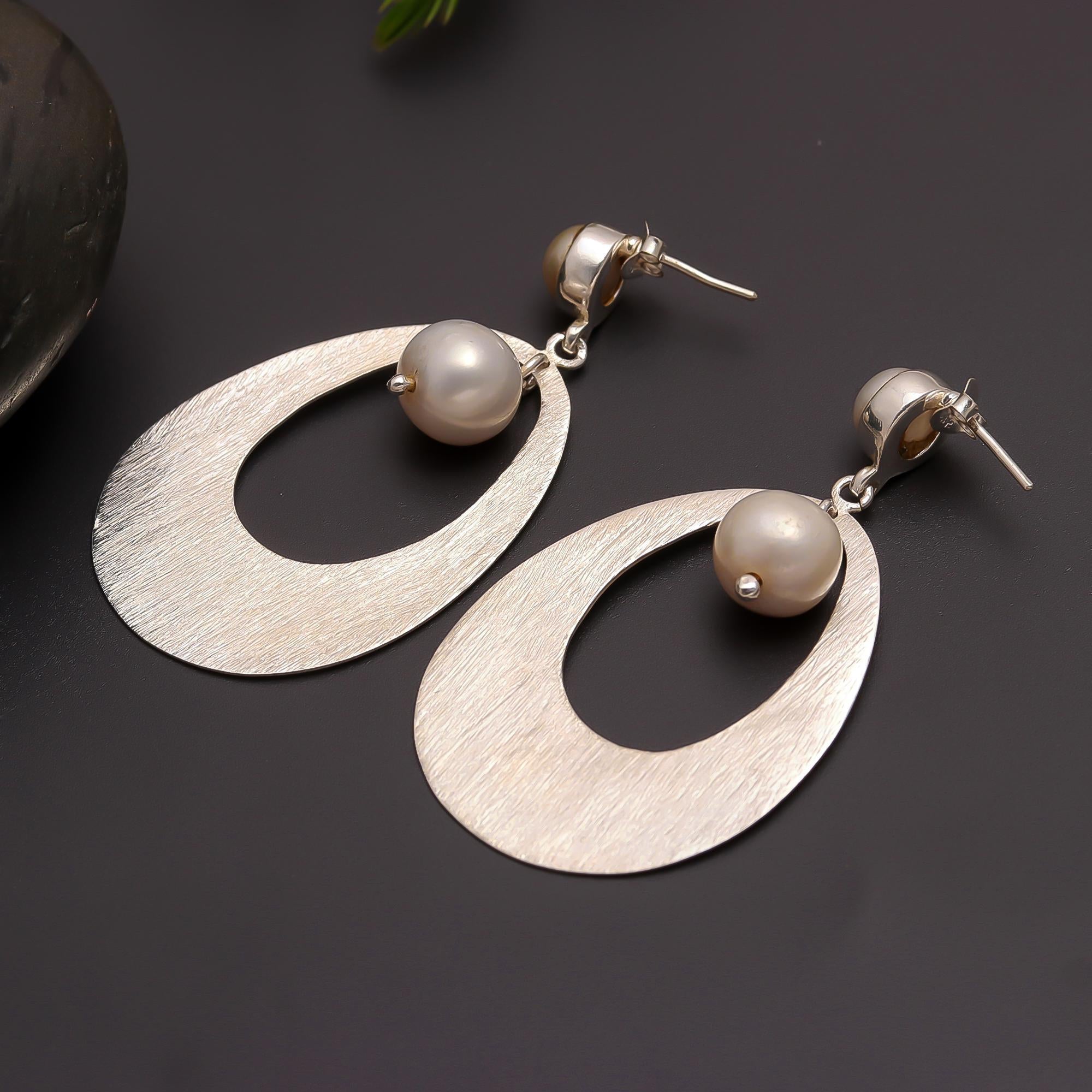 925 Silver Brushed Oval Pearl Drop Earrings