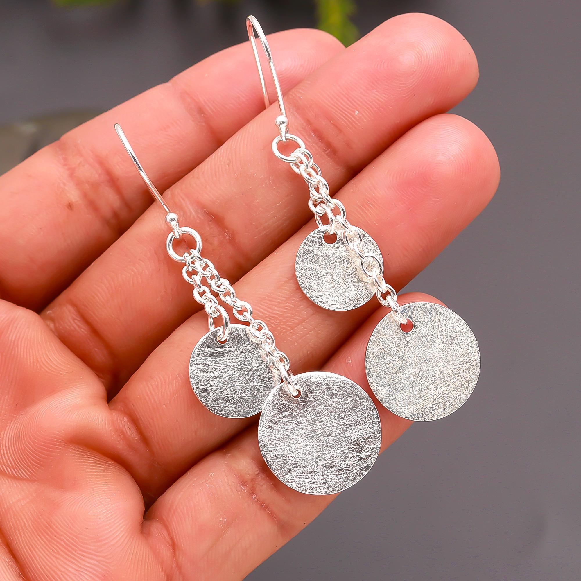 925 Silver Textured Chain Disc Dangle Earrings