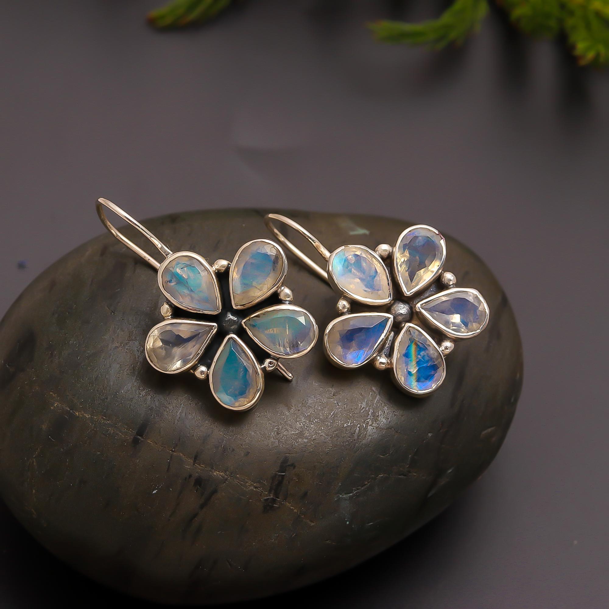 925 Silver Moonstone Flower Drop Earrings