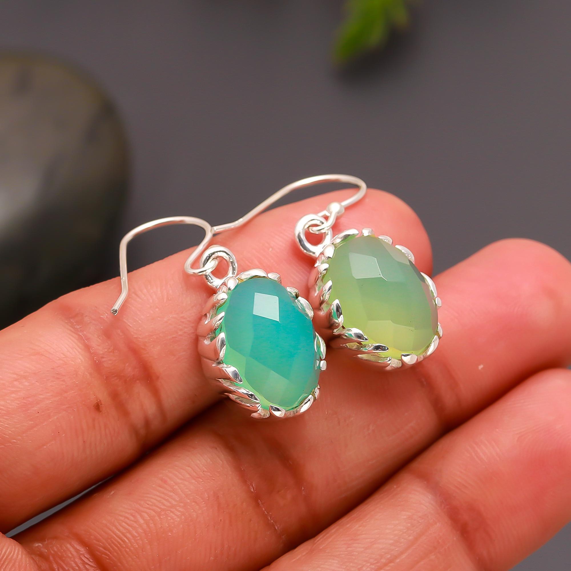 925 Silver Green Chalcedony Oval Drop Earrings