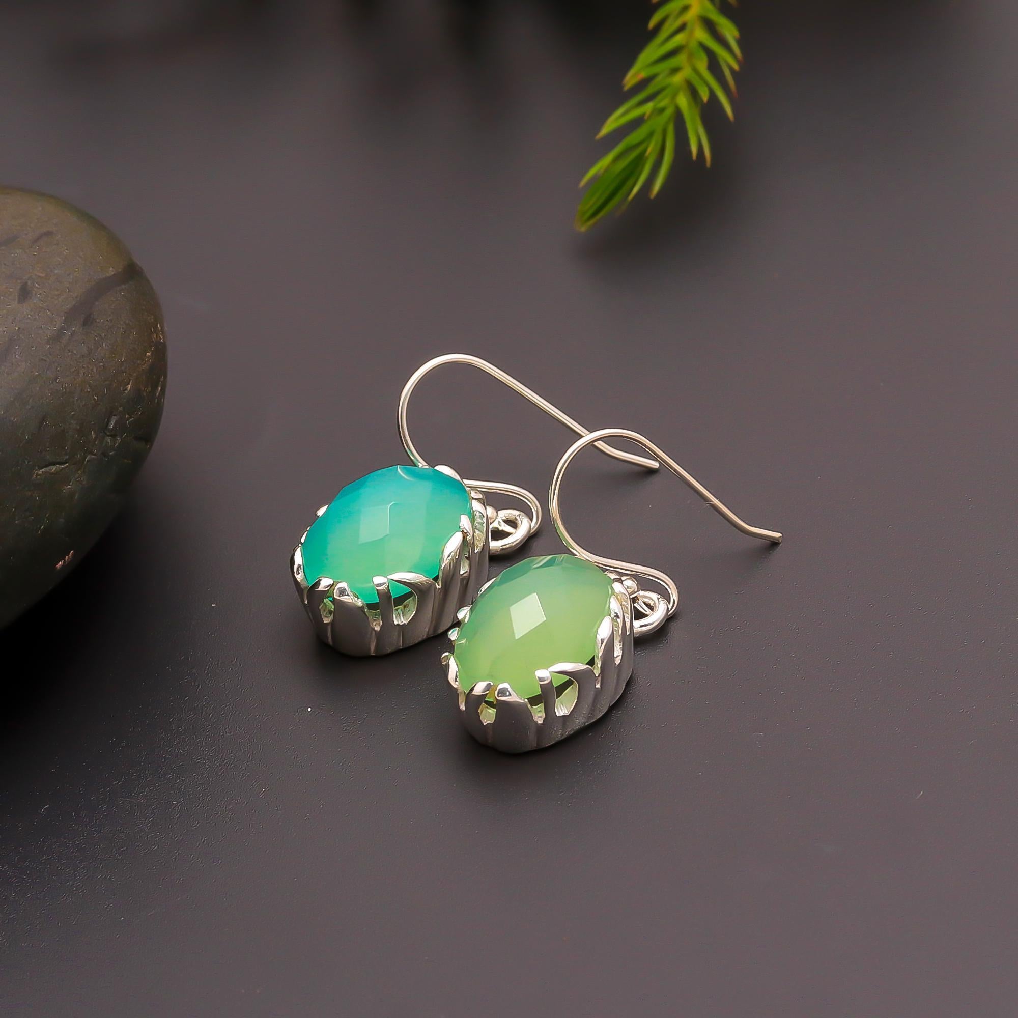 925 Silver Green Chalcedony Oval Drop Earrings