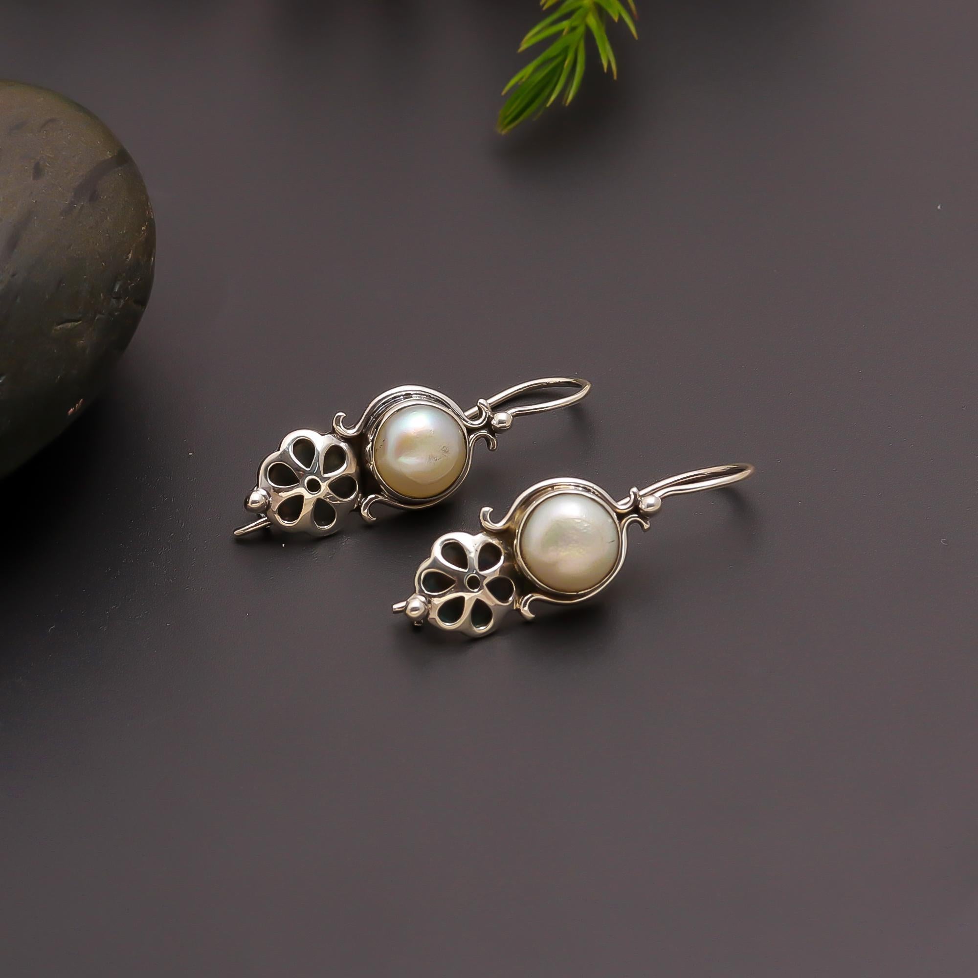 925 Silver Floral Pearl Dangle Earrings