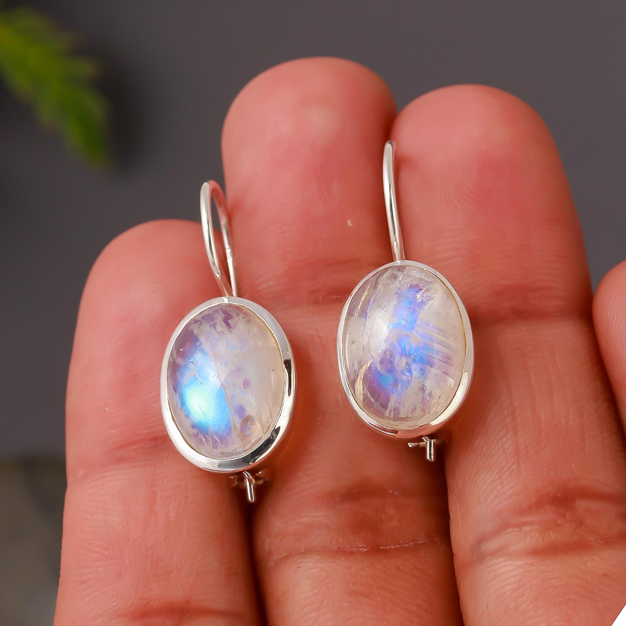 925 Silver Oval Moonstone Drop Earrings