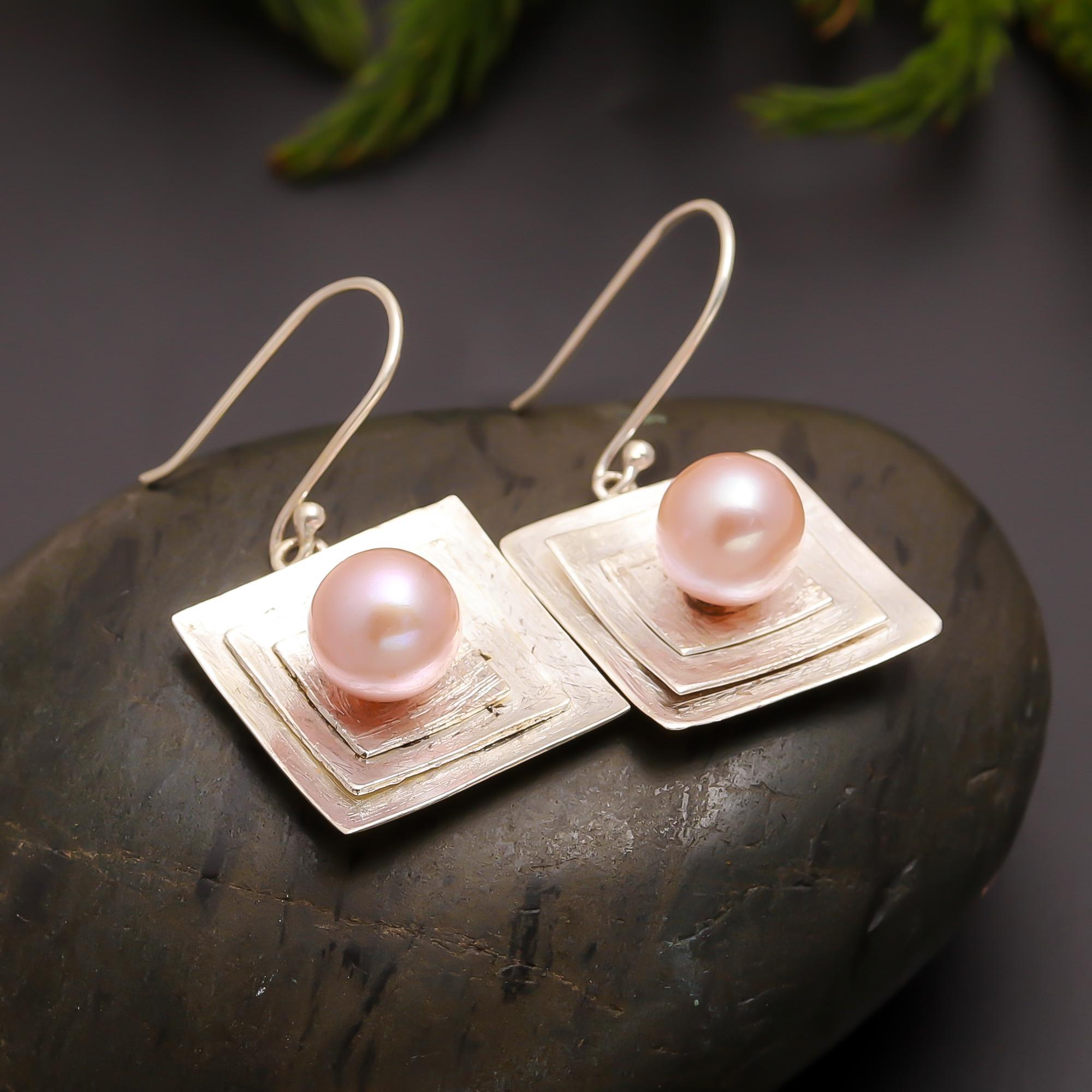 925 Silver Geometric Square Pearl Drop Earrings