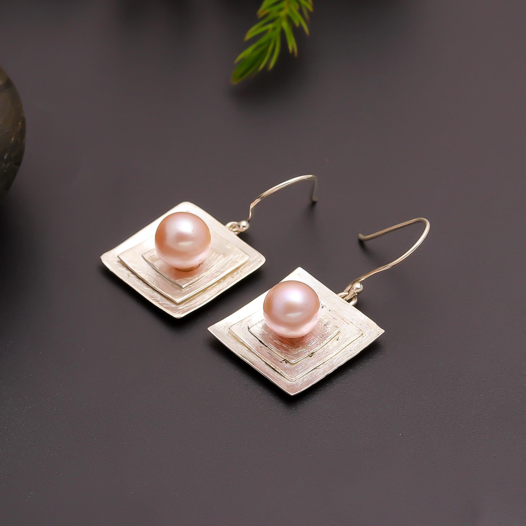 925 Silver Geometric Square Pearl Drop Earrings