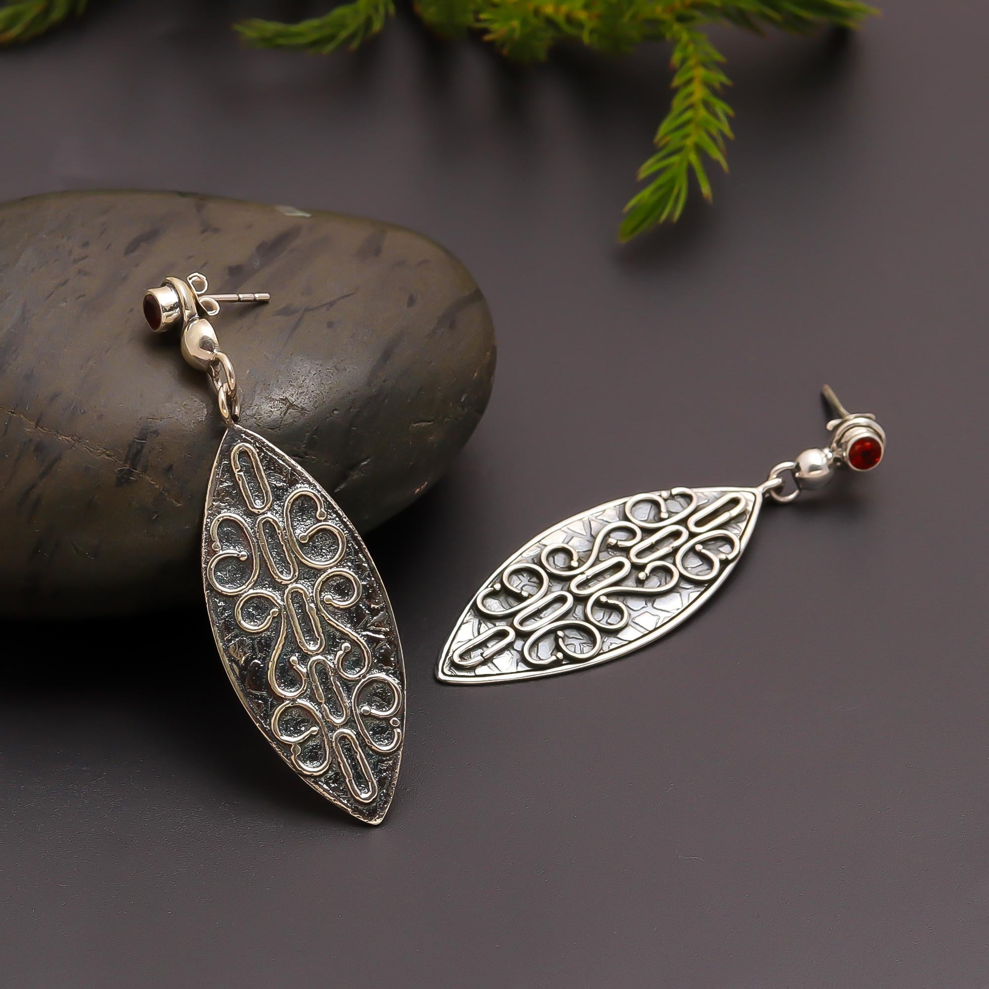 925 Silver Filigree Teardrop Garnet Drop Earrings