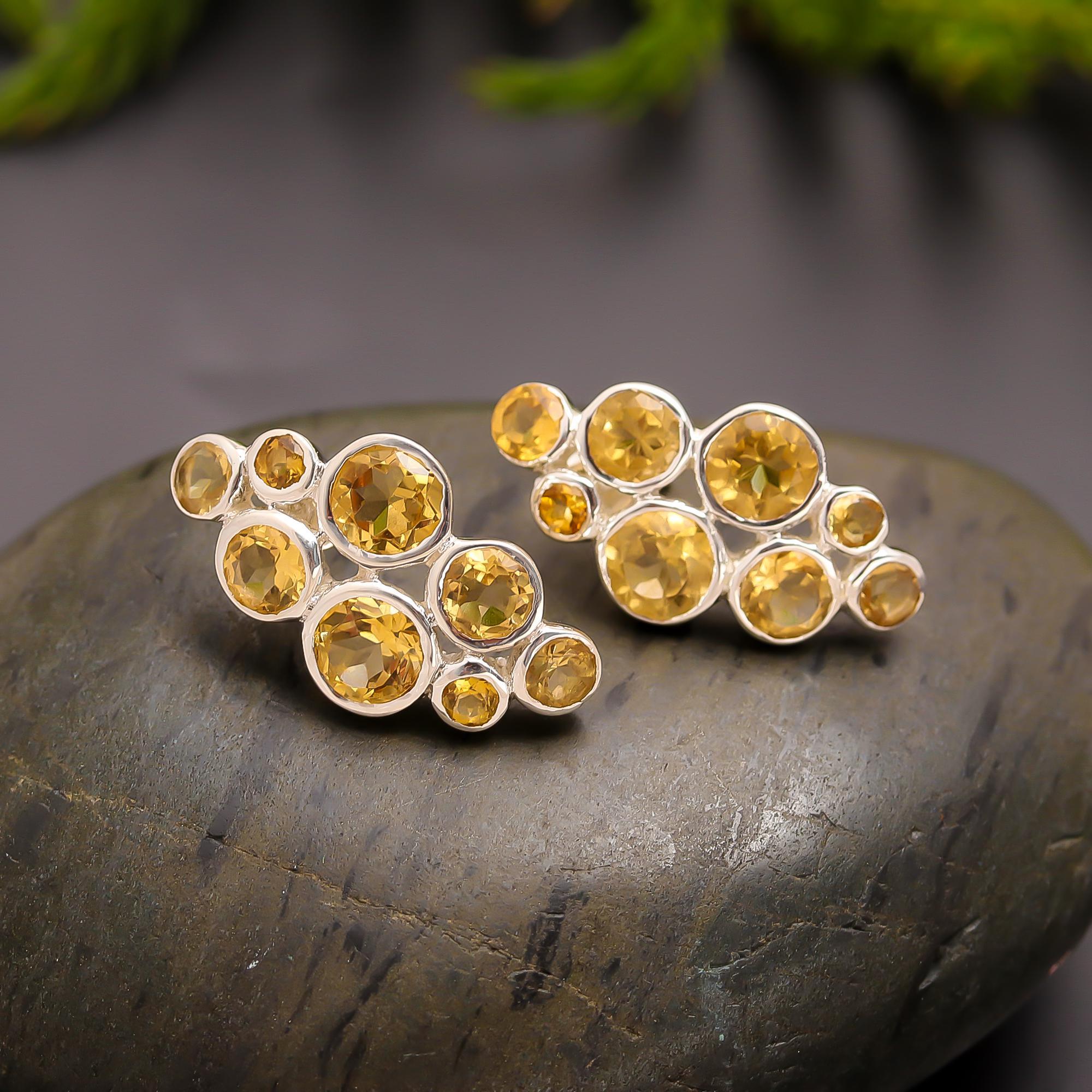 925 Silver Cluster Citrine Stud Earrings