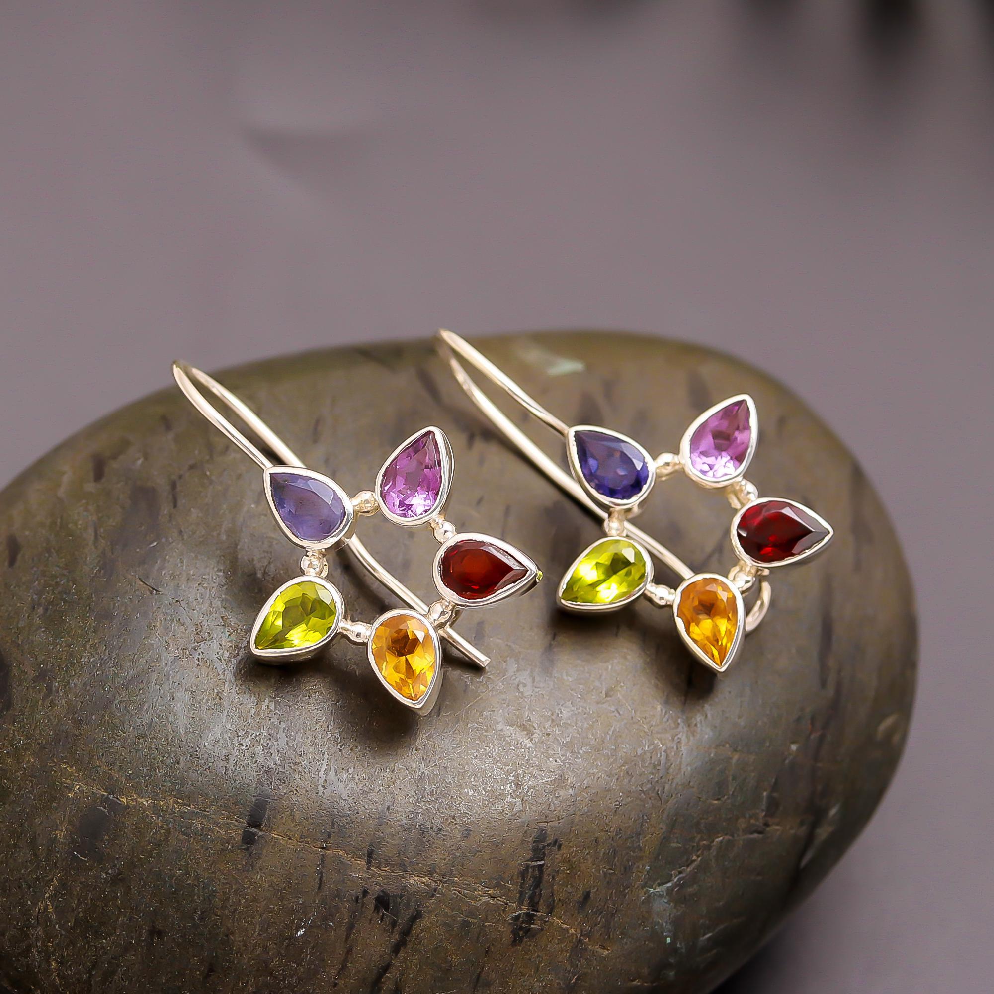 925 Silver Multi-Gemstone Star Drop Earrings
