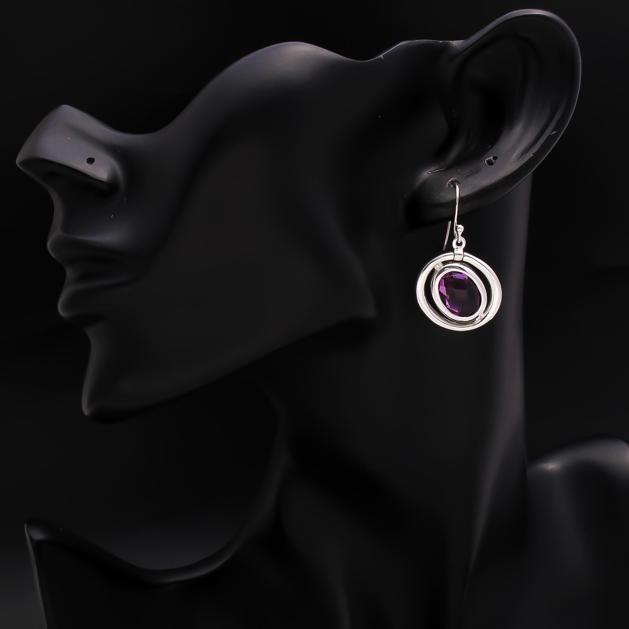 925 Silver Round Amethyst Drop Earrings